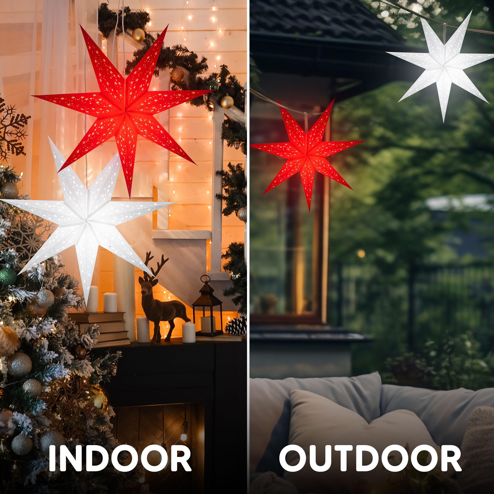 GalaxyArts Paper Star Lantern, 24 Inch, Medium Naxatra White, 7 Pointed, Hanging Lamp for Weddings, Holidays, Parties, Indoor/Outdoor Décor
