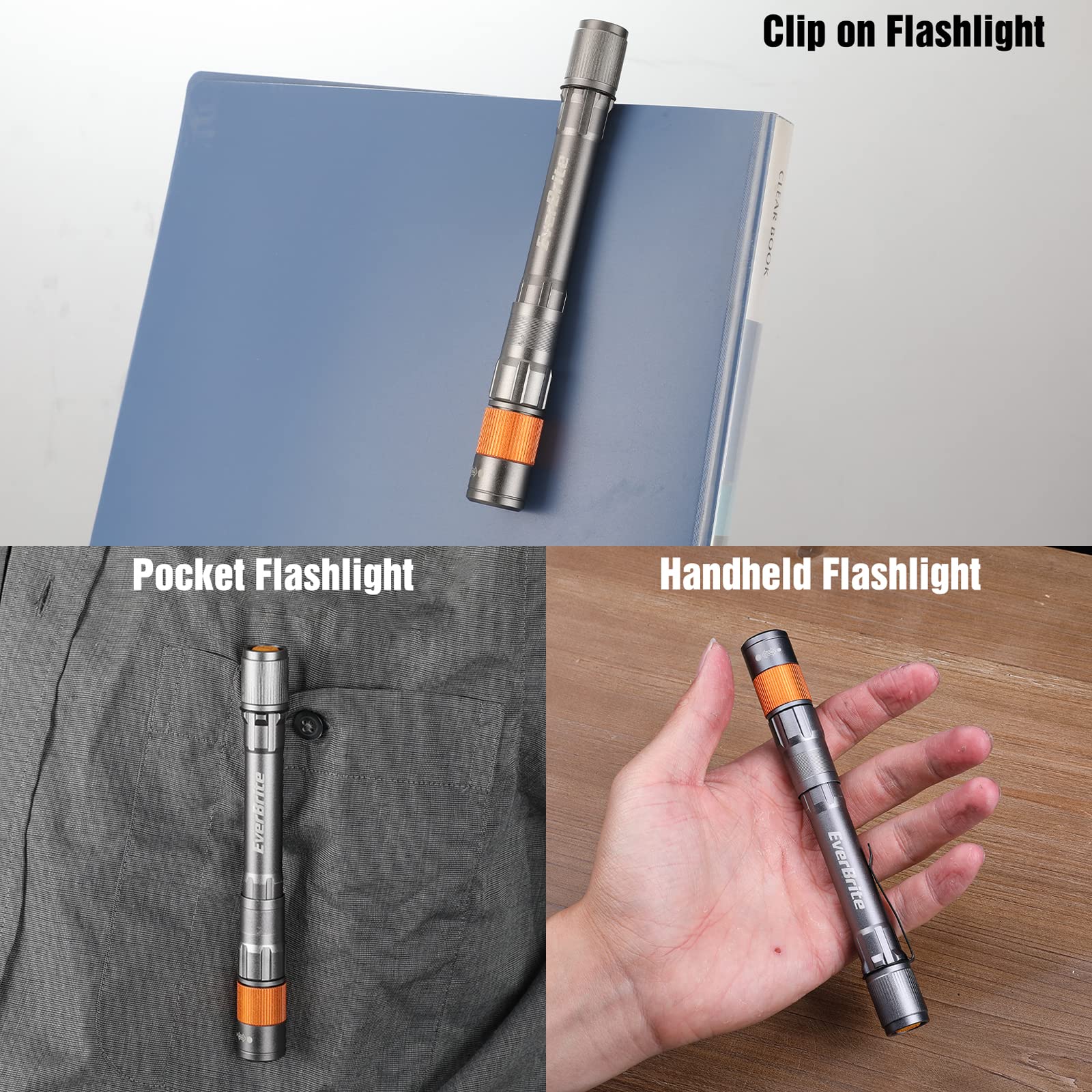EverBrite Rechargeable Pen Light, 300 Lumens LED Flashlight, Zoomable, Aluminum, Gray