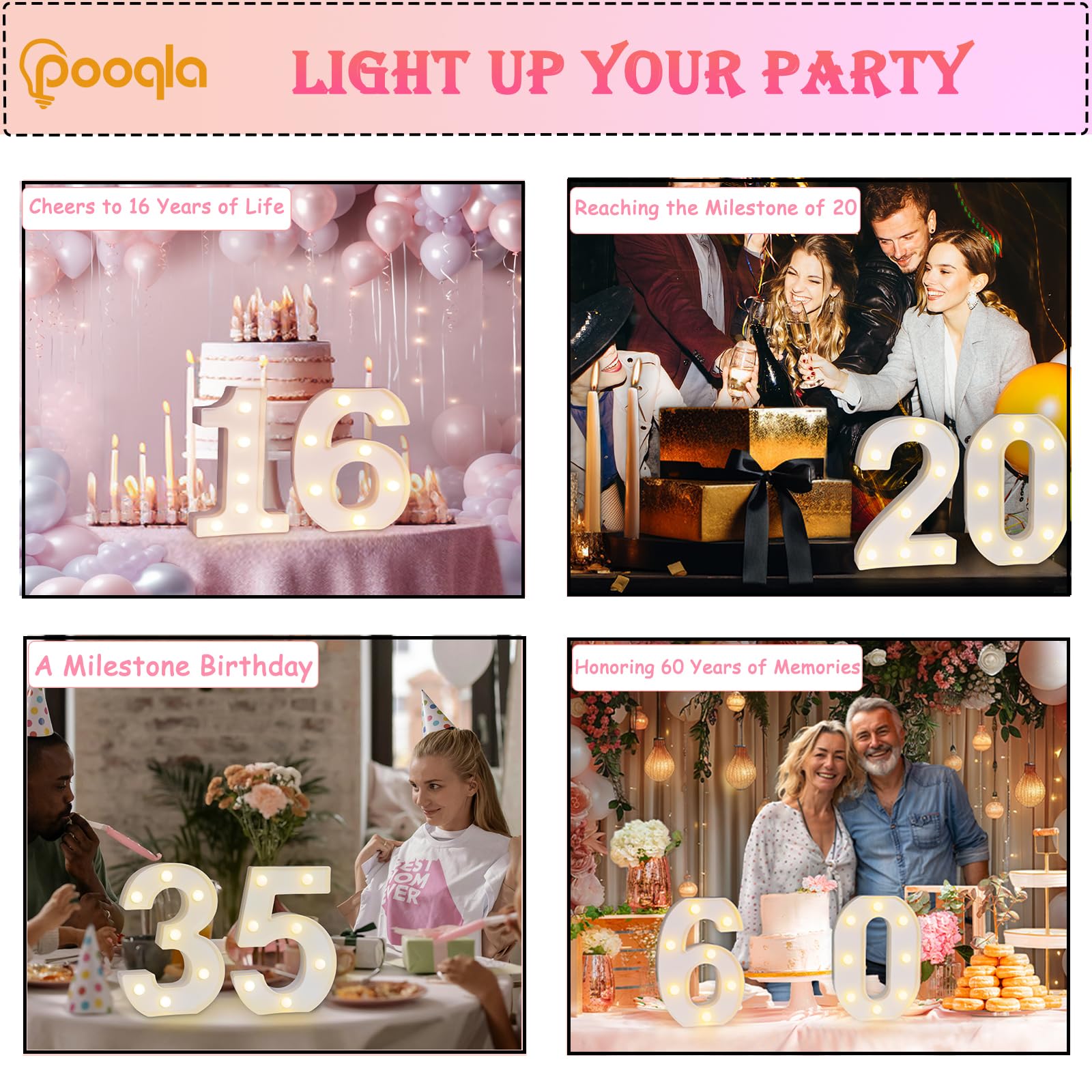 Pooqla Decorative Led Light Up Number Letters For Her Him, White Plastic Marquee Number Lights Sign For 30Th Birthday Party Wedding Decor Battery Operated Number (30)