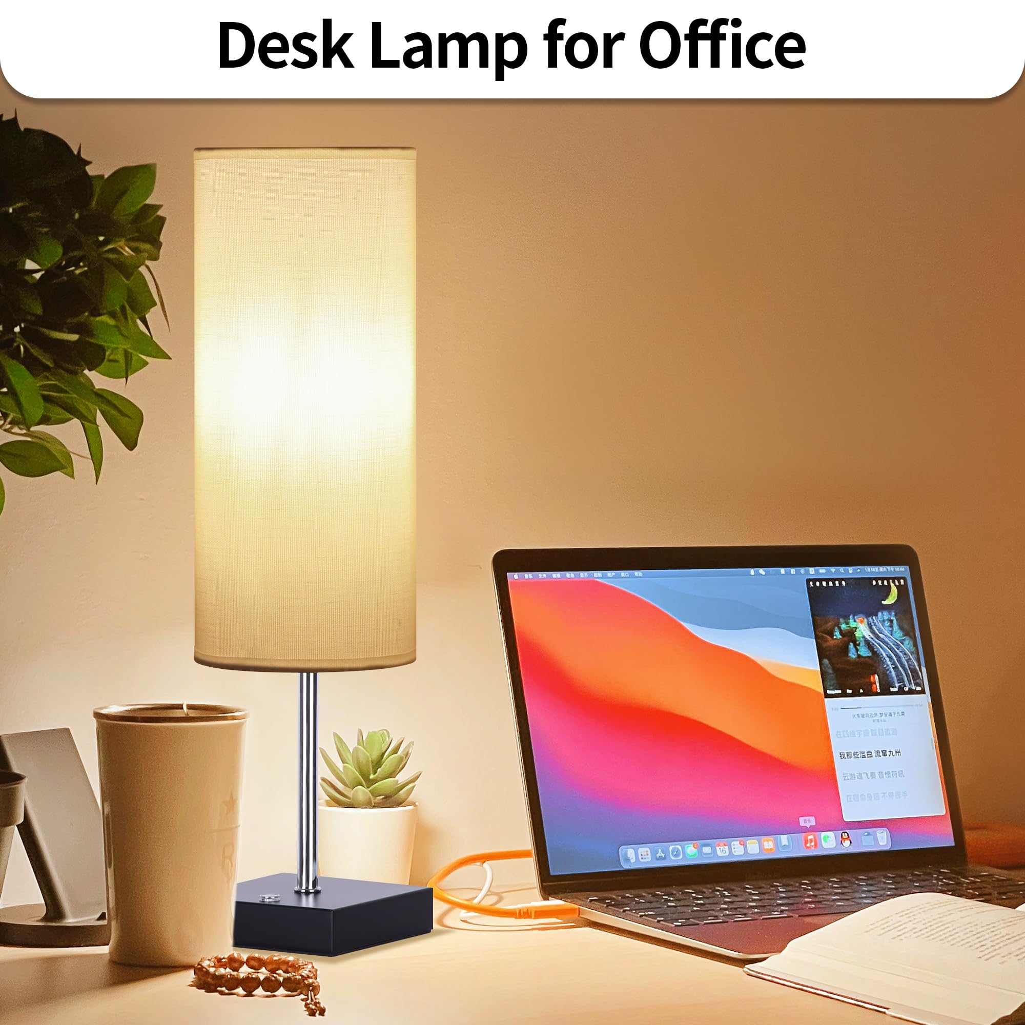 PLMMY 18 Inch Cordless Table Lamp, Rechargeable Touch Control, Dimmable, Linen Fabric Shade, White, Battery Operated for Bedroom/Office