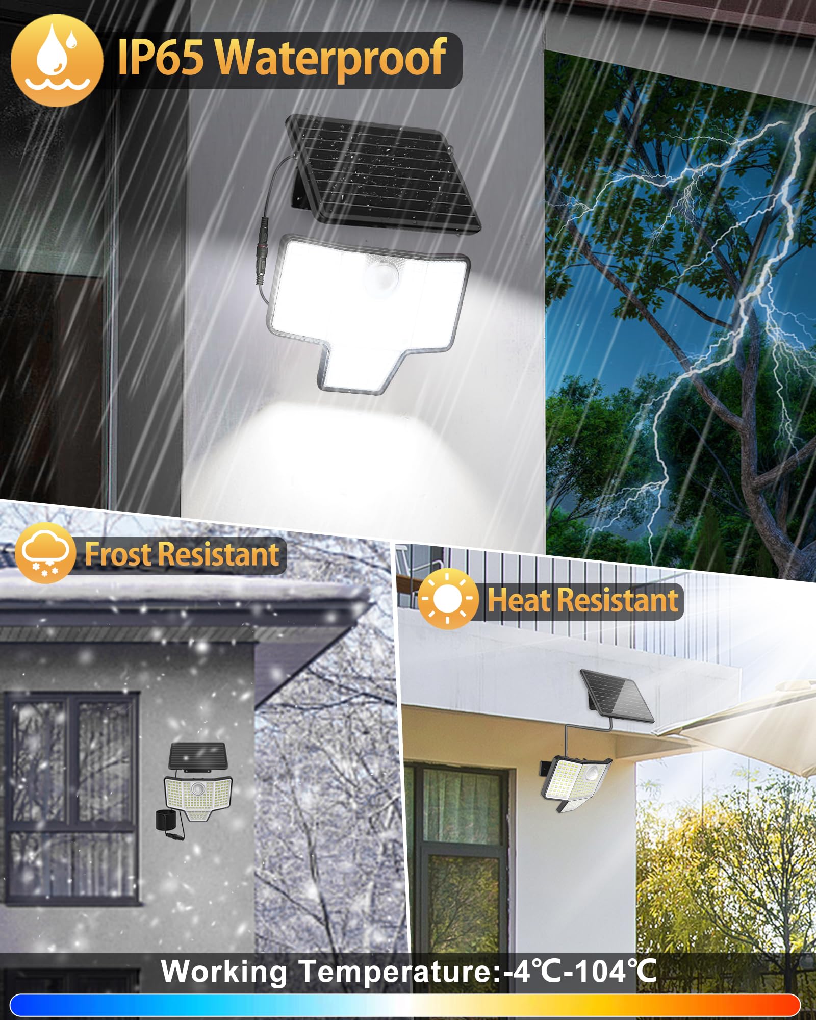 Solar Motion Lights Outdoor with Remote Control, 4-Sided Wide-Angle Illumination, 3-Stage Dimming, 3 Modes, Dusk to Dawn, 16.4ft