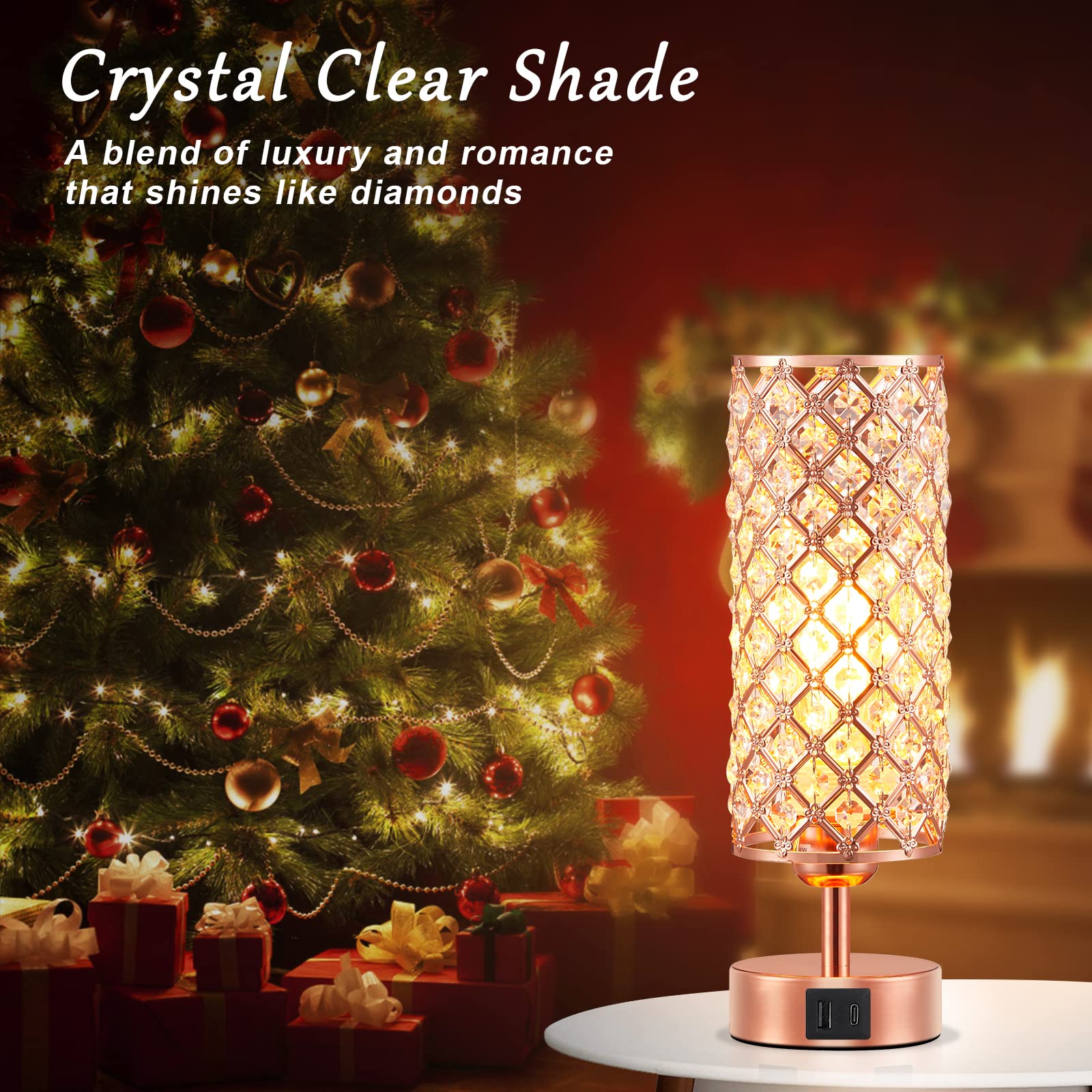 Hong-In Rose Gold Crystal Table Lamp, Usb C+A, 3-Way Dimmable Touch, Bulb Included