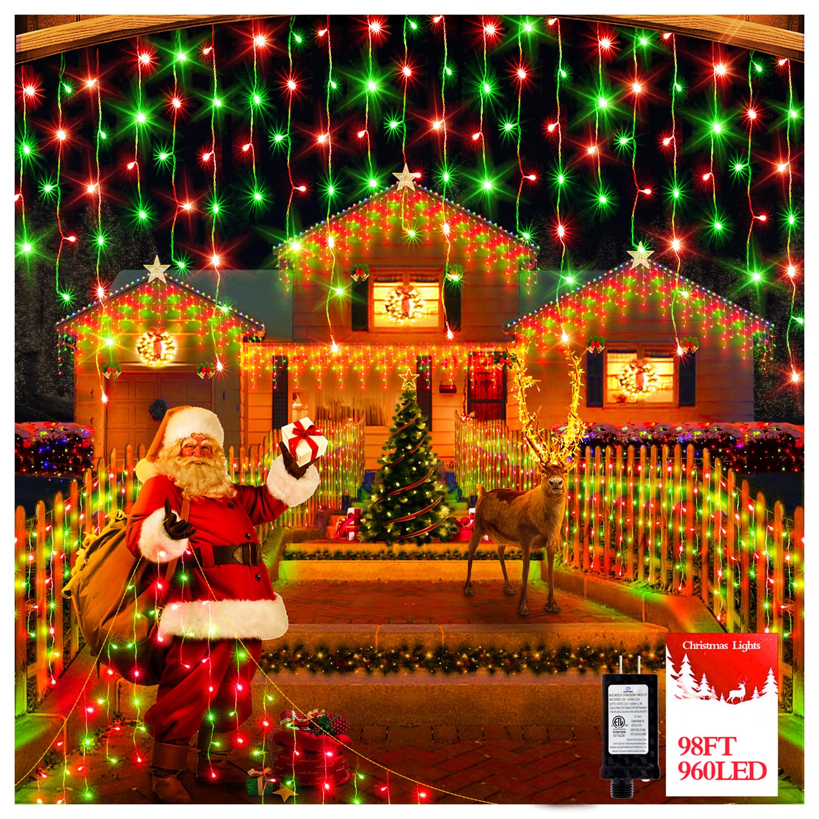 FLVOECN 960 LED Christmas Lights, 98FT, Waterproof, Dimmable, 8 Modes, Red & Green, Model YQS-200L, Indoor/Outdoor Decor