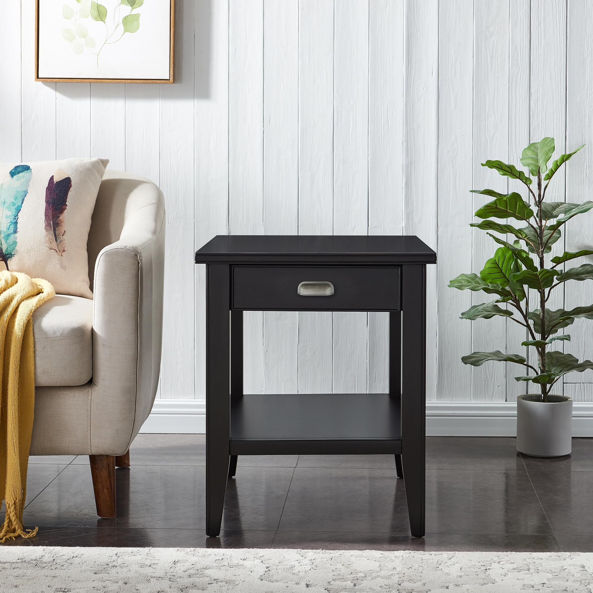 Leick Home Laurent End Table, Solid Wood, 1 Drawer, Bottom Display Shelf, Easy Assembly, For Bedroom/Living Room, Black, 24.0 In
