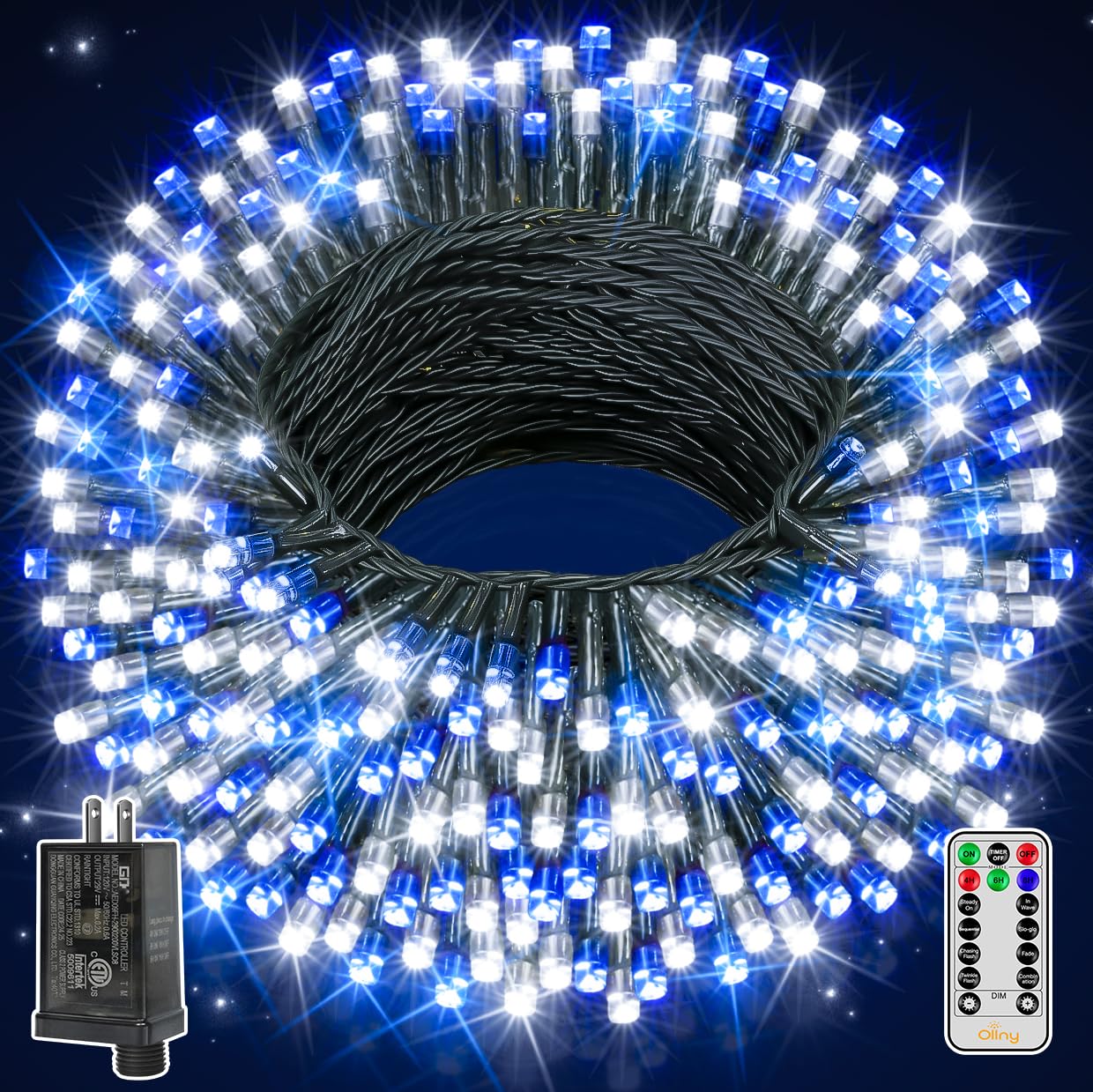 Ollny Christmas Lights - 400LED Blue & White String Lights, 131FT, Waterproof, 8 Modes, Remote for Indoor/Outdoor Decor, Model HG-29V415C