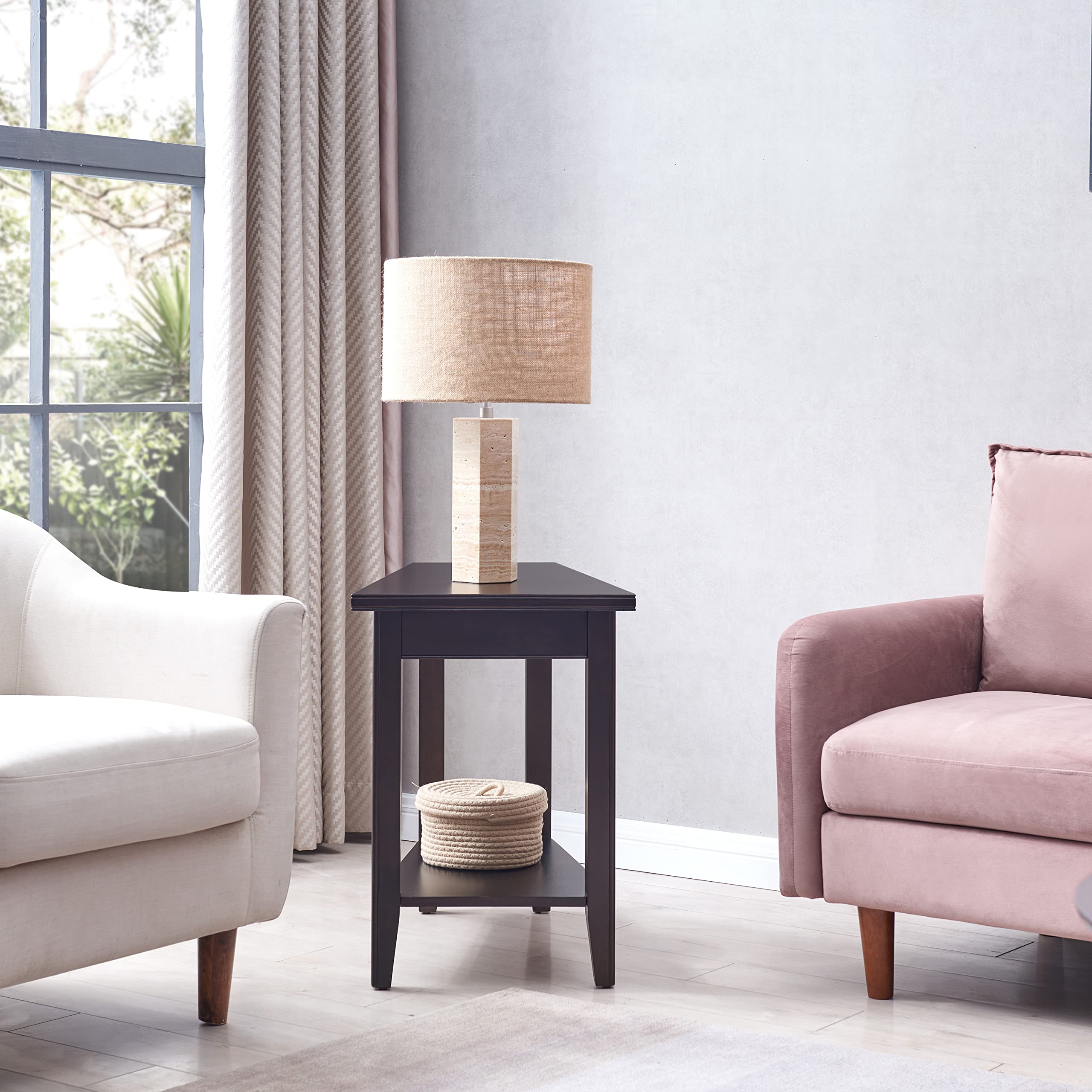 Leick Home Laurent End Table, Solid Wood, Narrow Wedge Shape, Bottom Display Shelf, Easy-Assembly, For Living Room/Bedroom, Blac