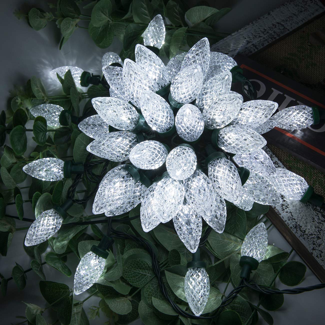 AWQ 50LED 49 FT C9 Christmas String Lights Plug in Fairy Twinkle String Lights 8 Modes Timer Function Waterproof Extendable for Indoor Outdoor Wedding Party Christmas Decoration (50  White)