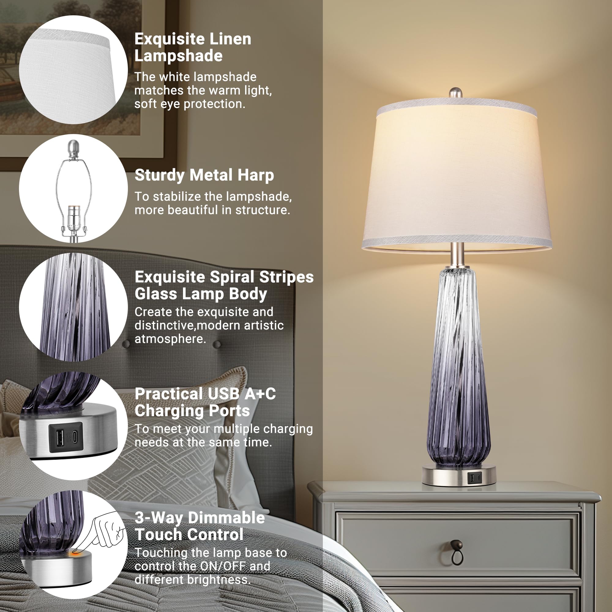 QiMH Glass Table Lamp with USB Ports, 3-Way Dimmable Touch Control, 27.5in Grey, Modern Nightstand Lighting, 1 Pack