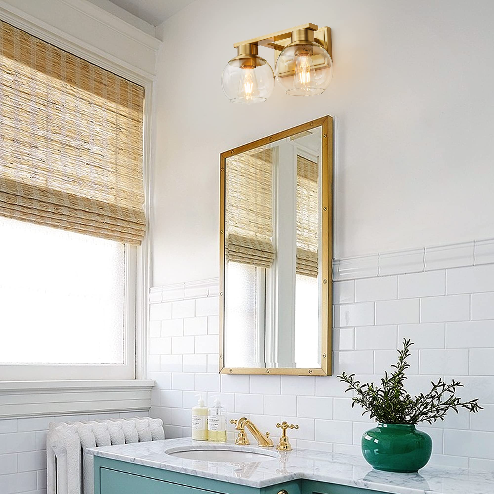 Pazala 2 Light Vanity Lights, Brushed Brass Bathroom Wall Sconce Light With Globe Glass Shade, Bathroom Light Fixture Over Mirro