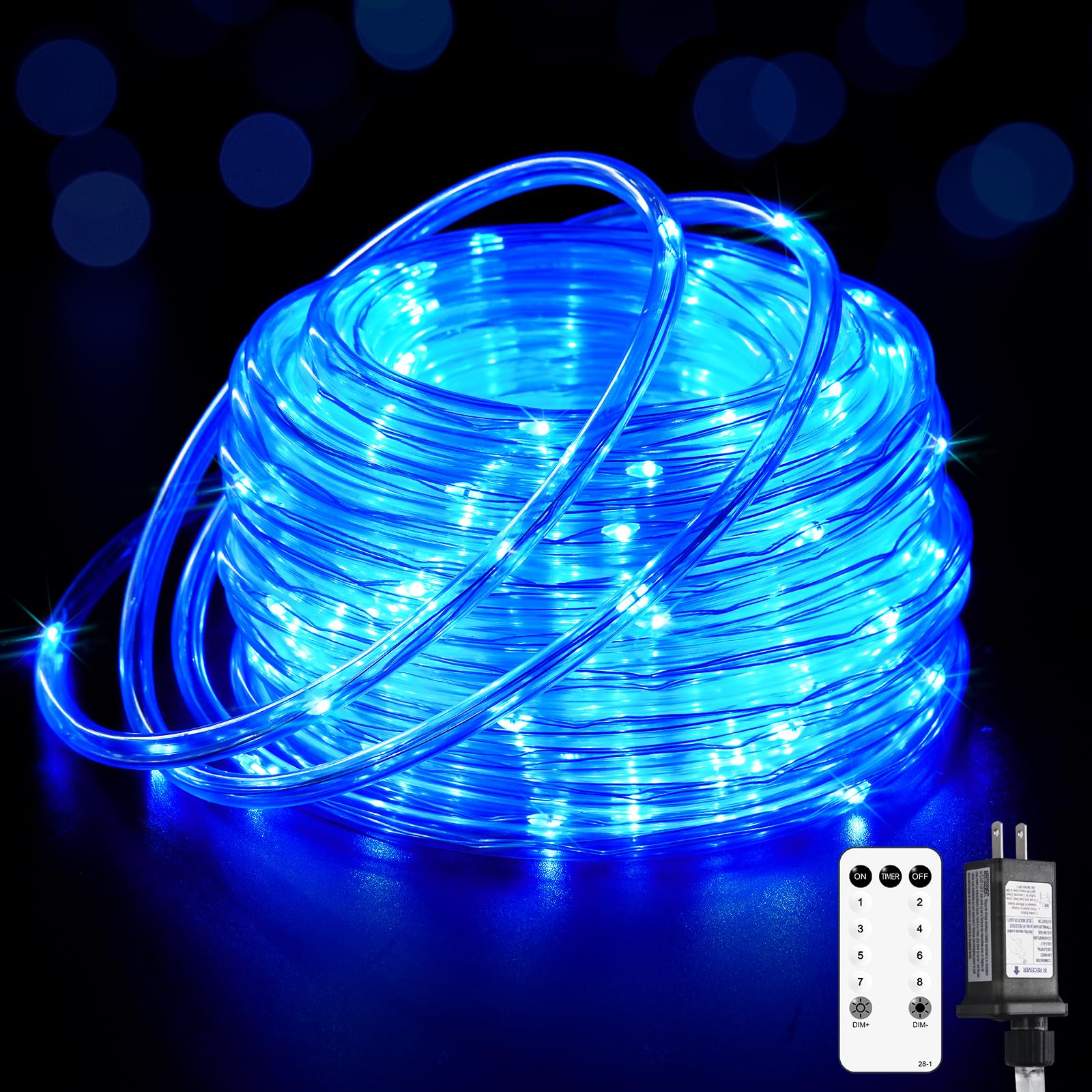 JMEXSUSS 200 LED Blue Rope Lights Plug in, Christmas Rope Lights Outdoor Waterproof, Blue String Lights with Remote for Outside Christmas Tree Garden Decor