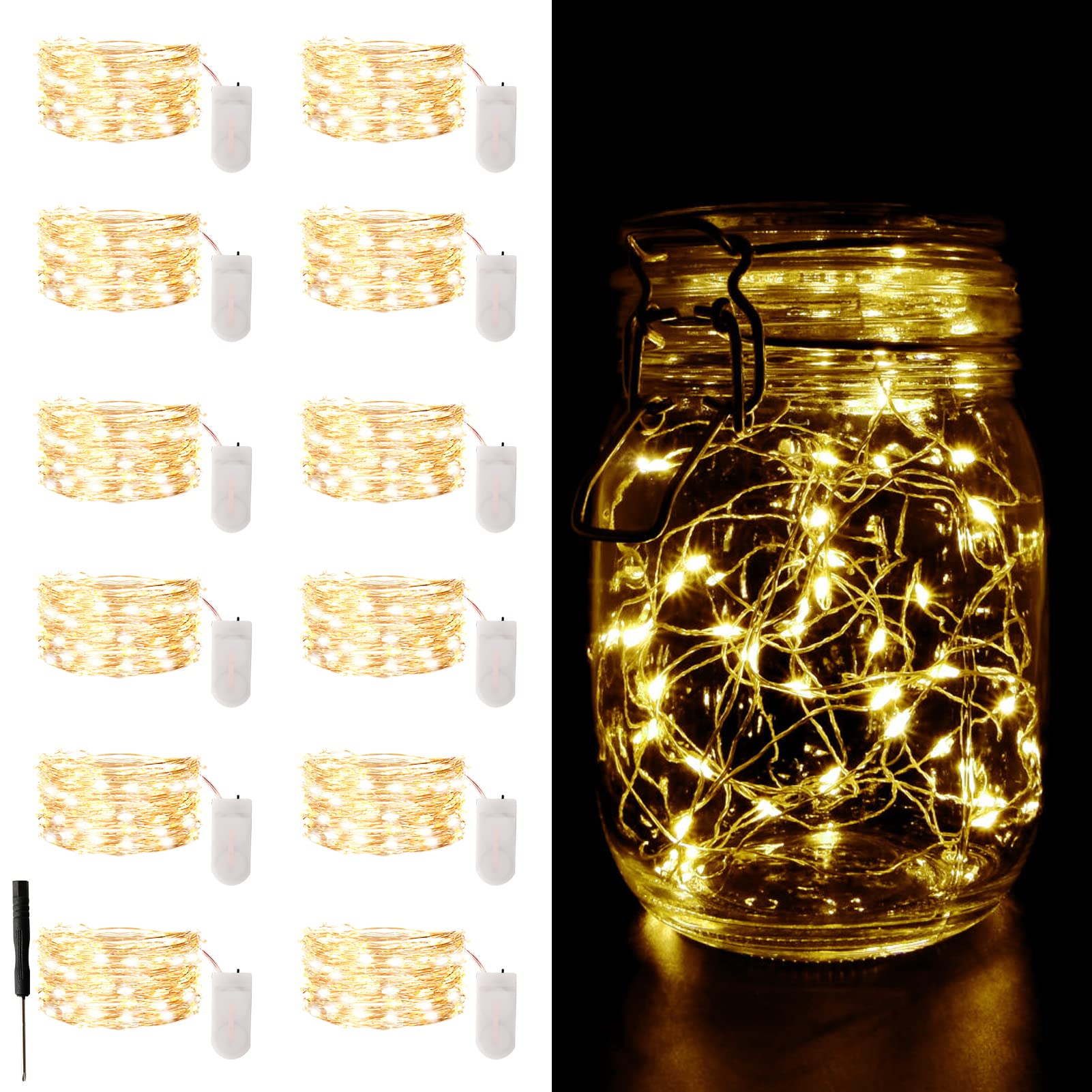 Camantu 12 Pack Led Fairy Lights Battery Operated, 7Ft 20Led Valentines Day Lights Battery Operated Waterproof Silver Wire For Diy Mason Jar Bedroom Birthday Wedding Christmas Decorations(Warm White)