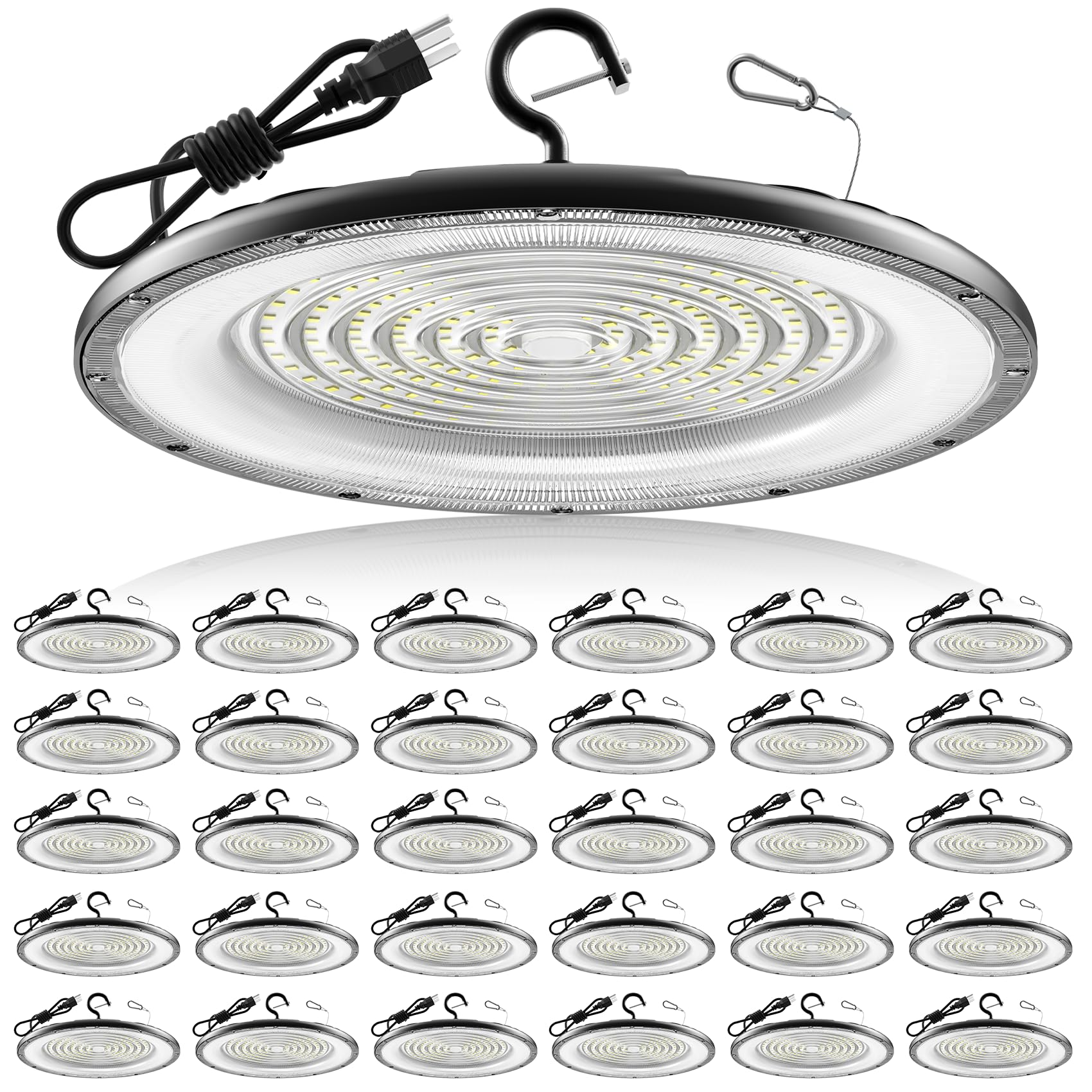 AIKVSXER 30 Pack UFO LED High Bay Light, 300W 45000LM LED Shop Lights, Commercial High Bay Lighting with Plug & Hanging Hook,Rou