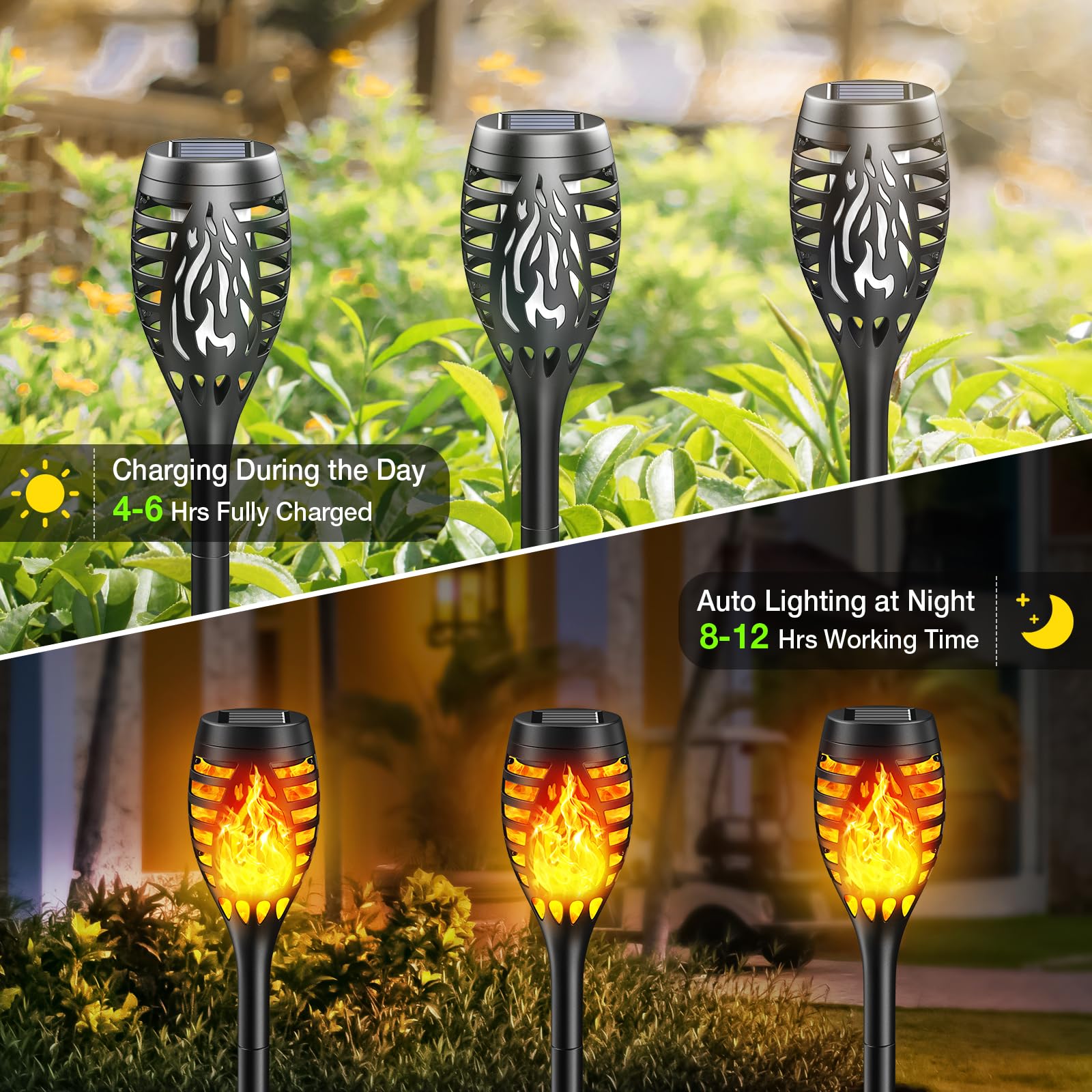 Bonlion Solar Torch Lights, 6 Pack Waterproof Flickering Flame Outdoor Halloween Decorations