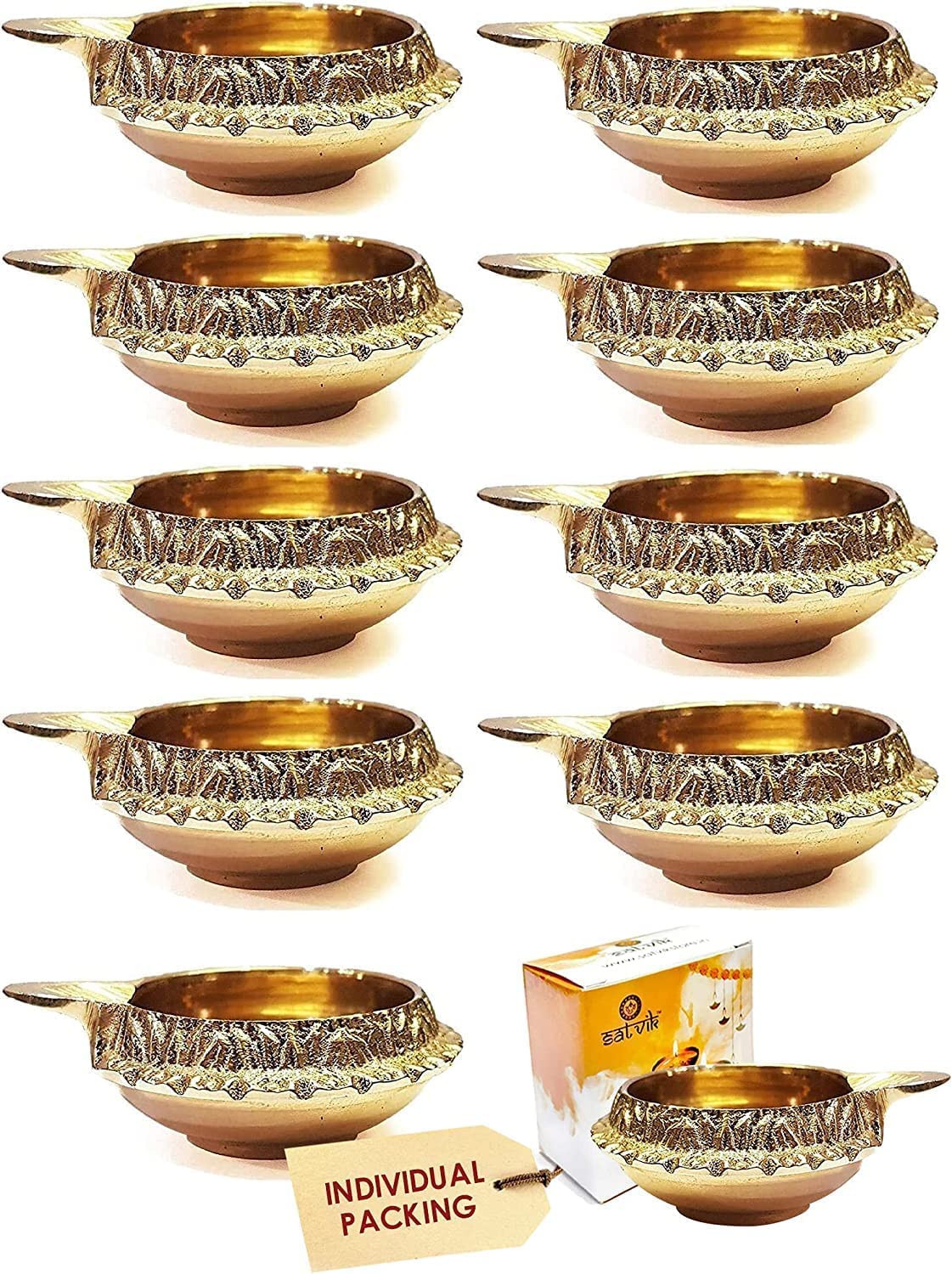 SATVIK 20 Pc Indian Pooja Kuber Diya for Diwali Decoration. Handmade Oil Lamp with Golden Engraved Made of Brass Metal. Vilakku