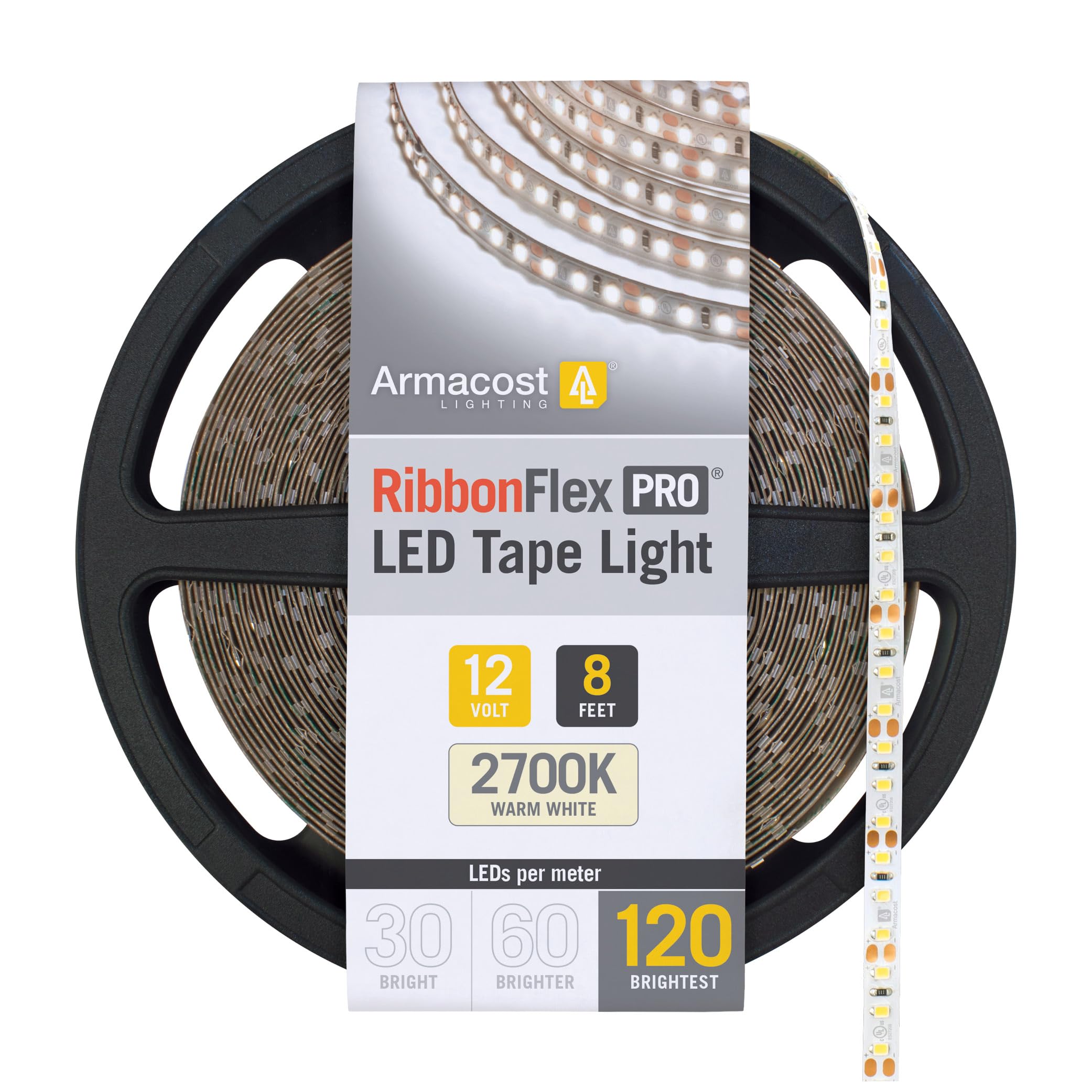 Armacost Lighting Ribbon Flex Pro 12V Tape Light, 120 LEDs/Meter, 8.2 ft, 2700K, Copper