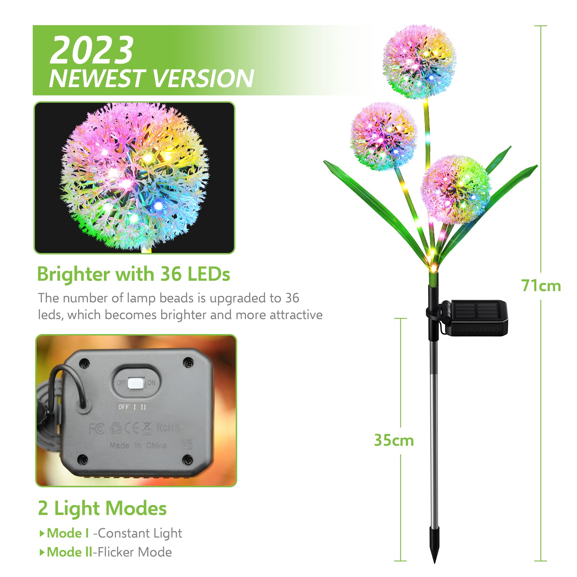 Bonlion 2 Pack Solar Dandelion Lights - 36 Led Waterproof Colorful Garden Decor