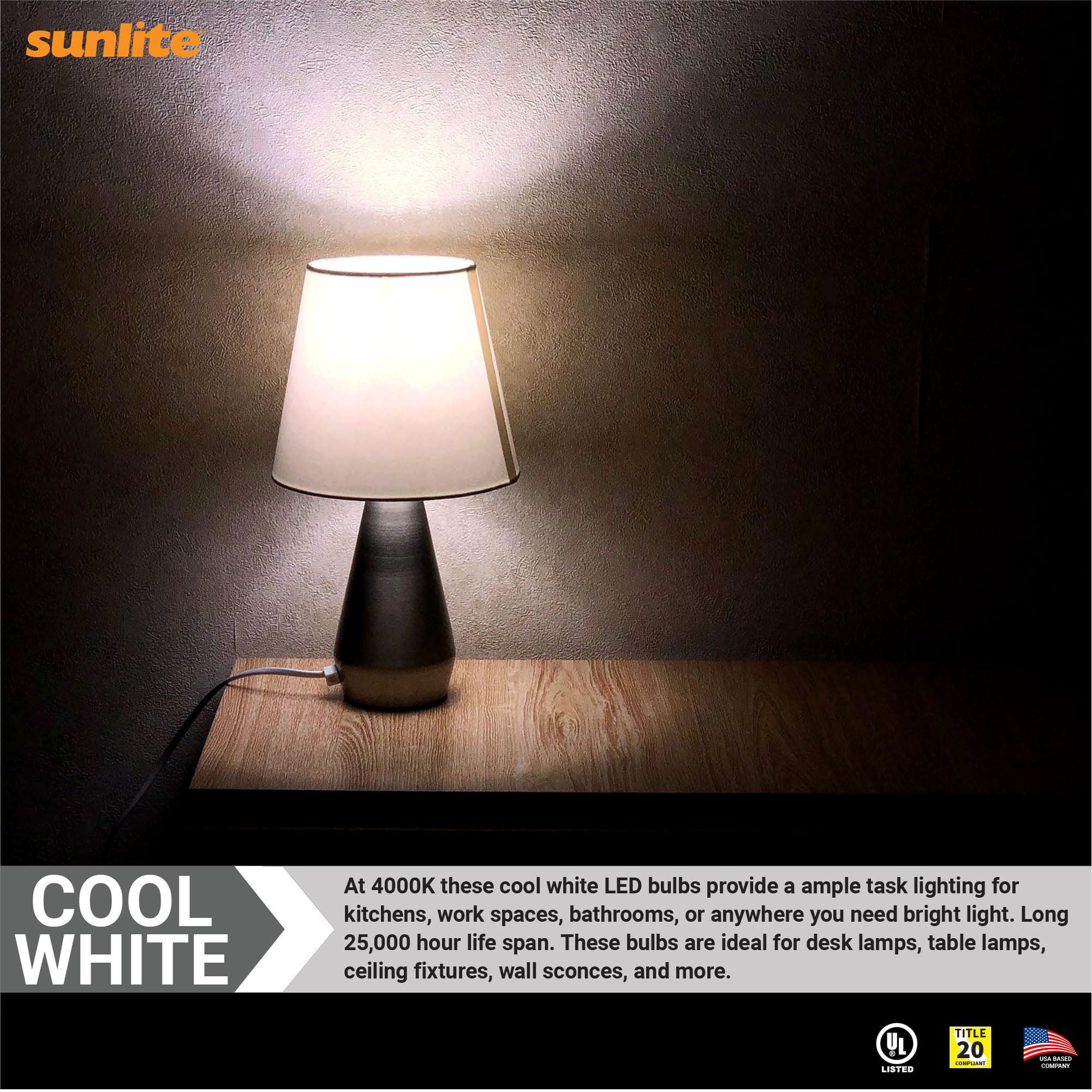 Sunlite LED A19 Light Bulb, 9W (60W Equivalent), Dimmable, 800 Lumens, 4000K Cool White, Medium E26 Base, 6 Pack
