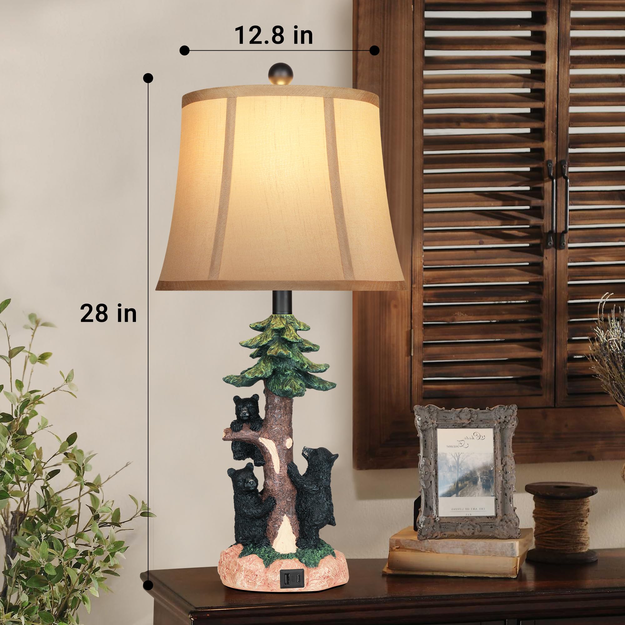 Hamucd Rustic Farmhouse Climbing Bear Table Lamps Set Of 2 For Living Room With Usb A+C,Bedroom Accent Tree Nightstand Lamps For
