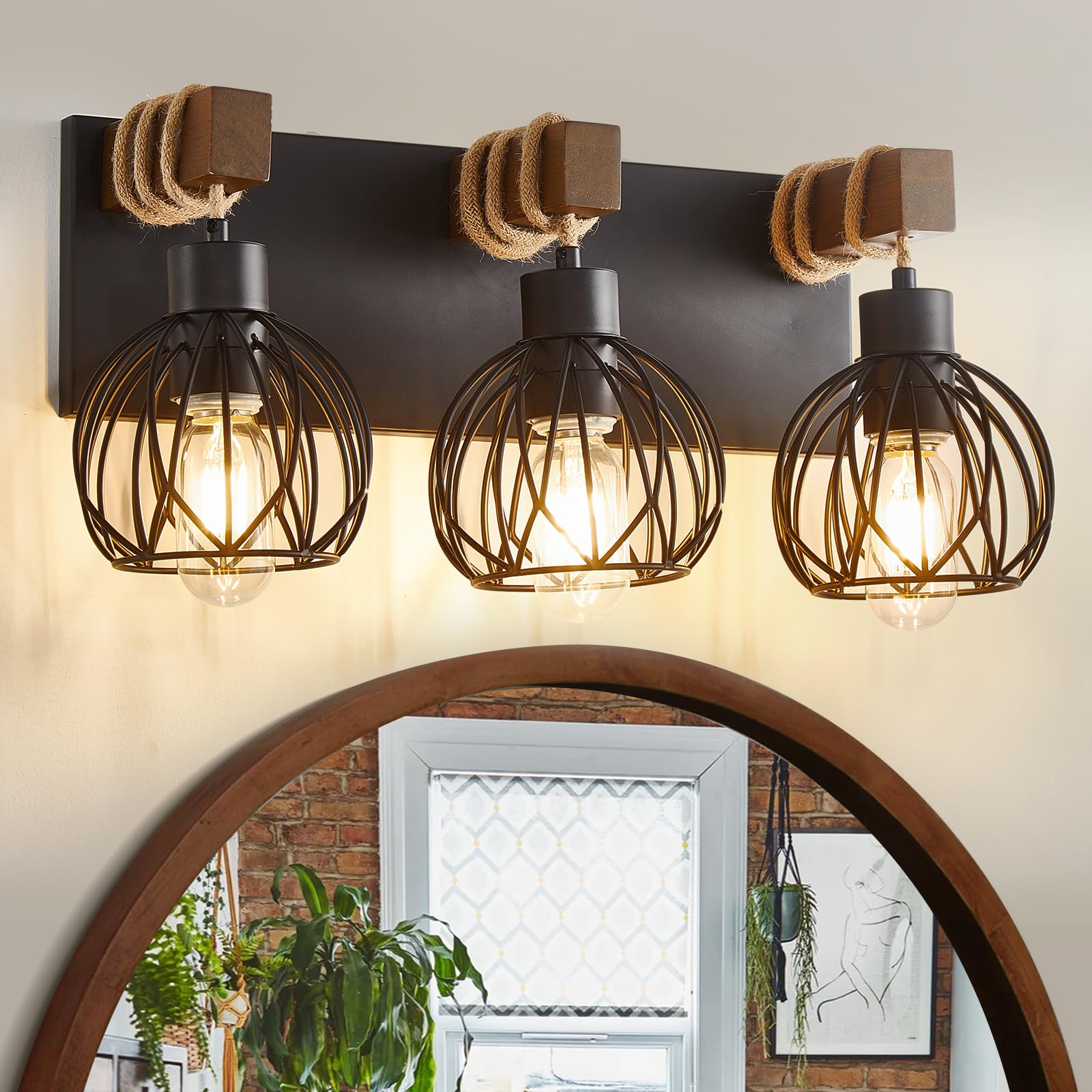 Farmhouse Bathroom Light Fixtures, 3 Light Wood Bathroom Lights Over Mirror, Rustic Rattan Black Vanity Light With Globe Metal Lampshade, Sconces Wall Lighting For Bathroom, Living Bedroom Hallway