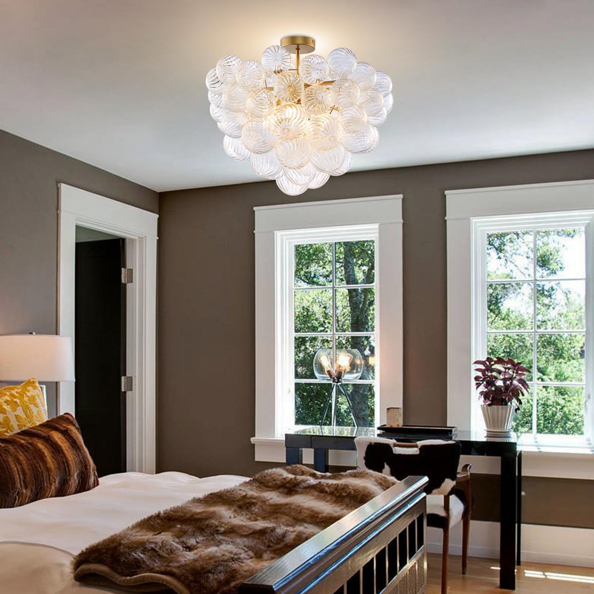 Beypan Semi Flush Mount Ceiling Bubble Ball Chandelier Lighting Dia 20 Inch Gold Clear Ribbed Blown Glass Chandeliers Ceiling Mount Light Fixtures For Bedroom, Living Room, Entry, Bathroom