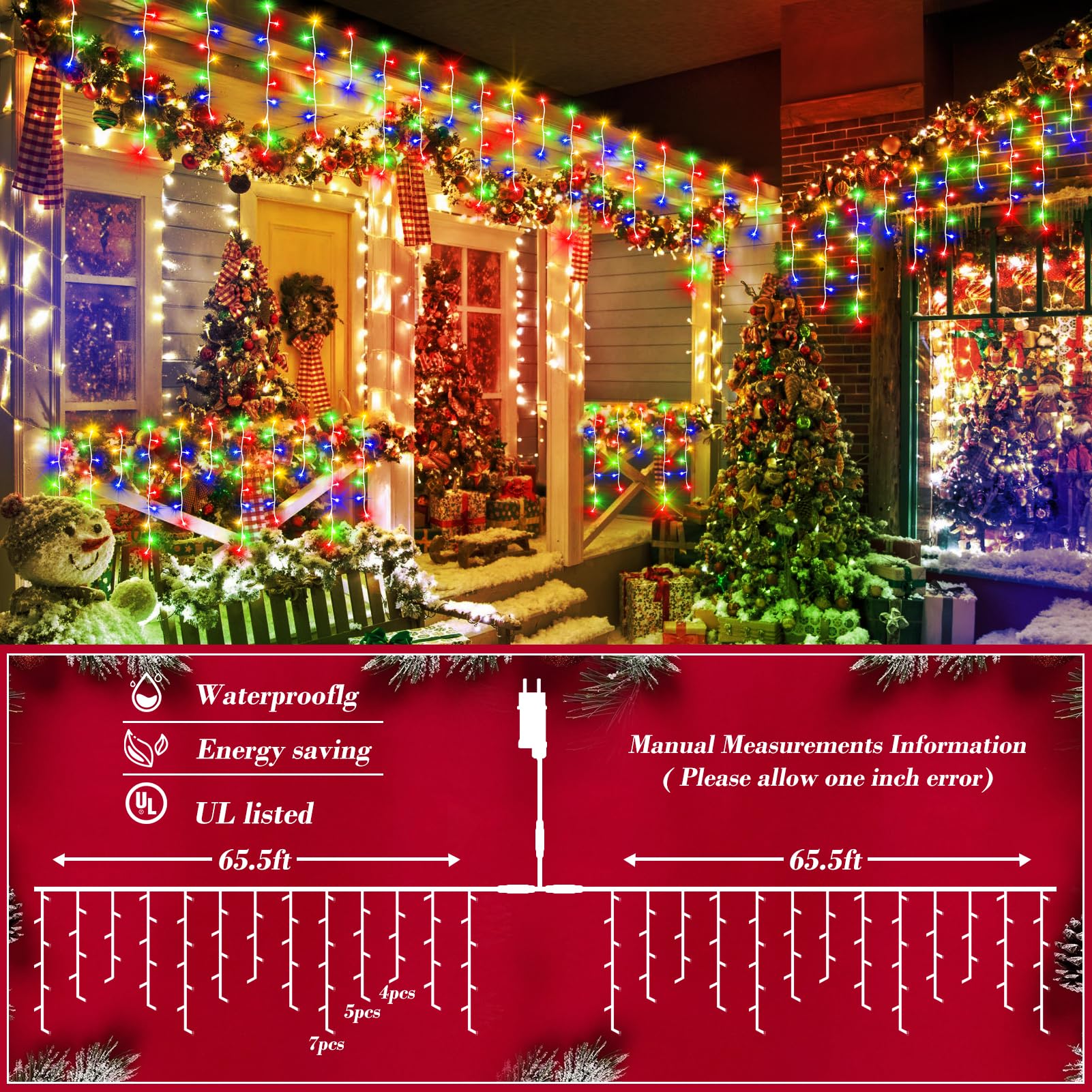 XURISEN 132ft Christmas Lights - 1280 LED, 8 Modes, Plug-in, Waterproof, Timer, Multicolor, Model BG-CL3M3-306L01