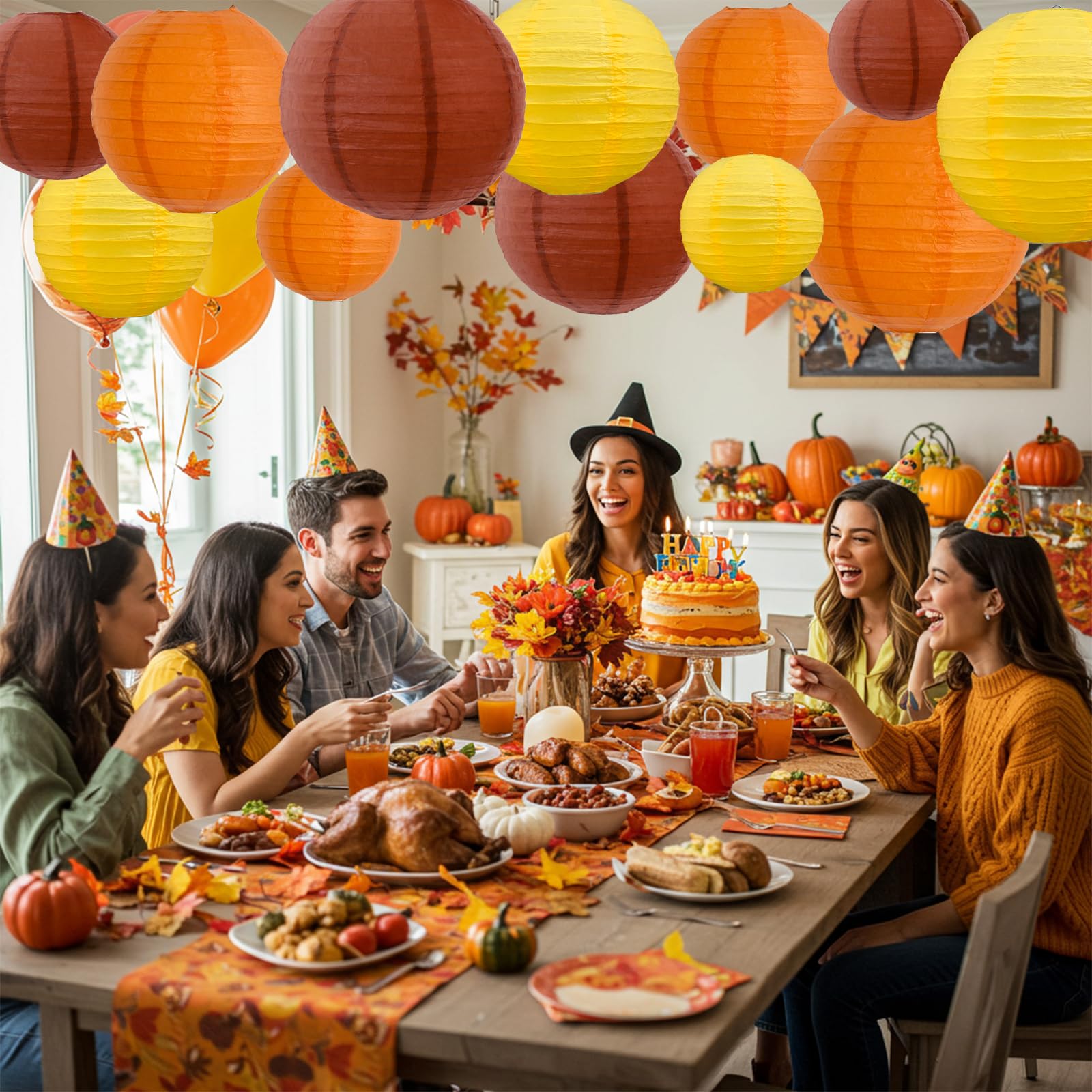 Beishida 12Pcs Fall Orange Paper Lanterns Decorative Yellow Orange Brown Hanging Round Paper Lanterns Lamp For Thanksgiving Harvest Fall Wedding Autumn Birthday Decor Outdoor Party Decoration