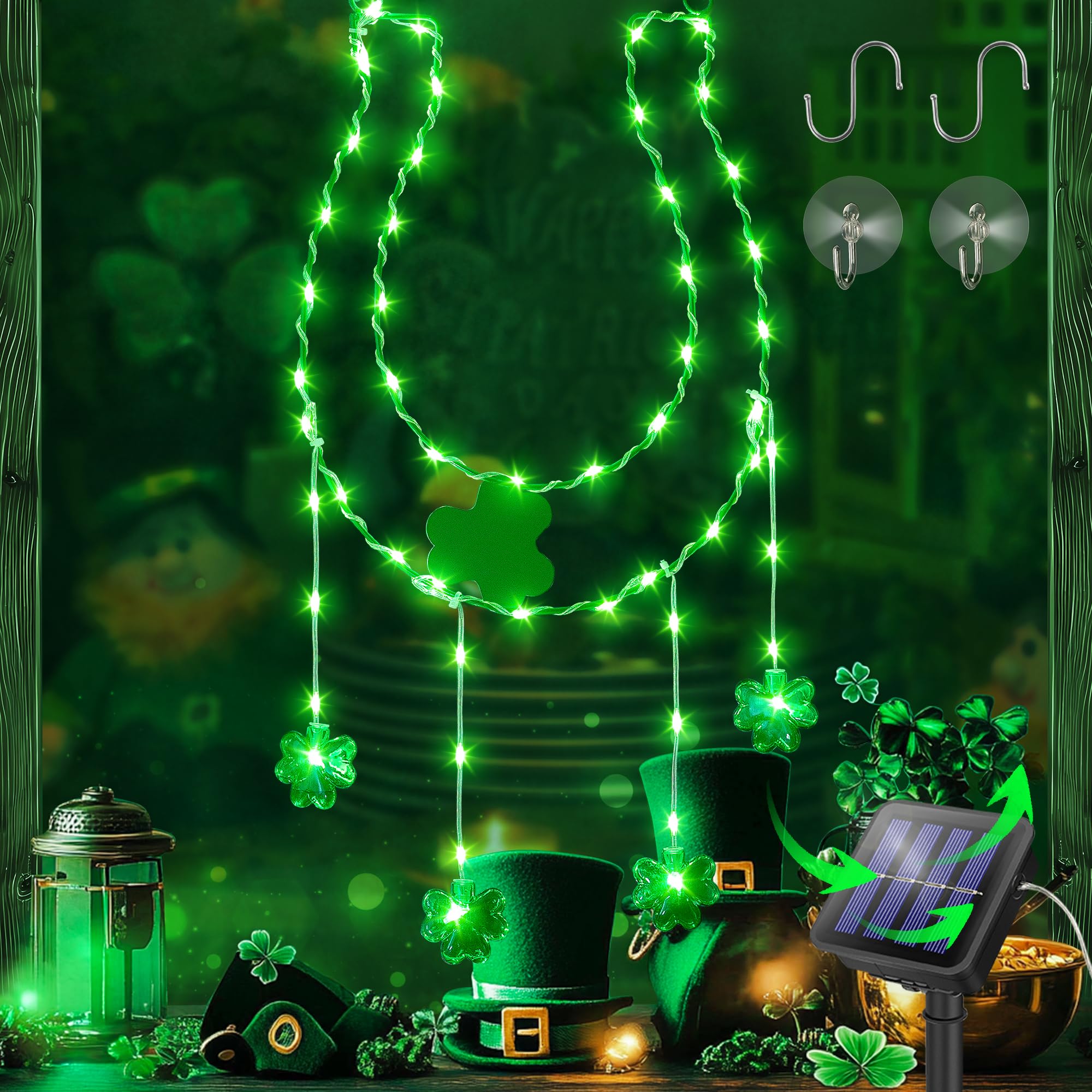 YOUNGAR St Patricks Day Solar Lights, Horseshoe Window Lights,11.6in 59LED Shamrock Green Iron Frame Silhouette Lights,Hanging 8