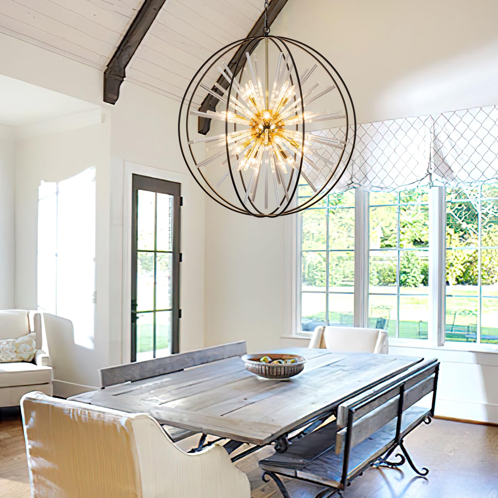 Vezzio 35" Black and Gold Crystal Chandelier, 20-Light Modern Farmhouse Design for High Ceilings, Foyer, Dining Room, Model ZJ-10