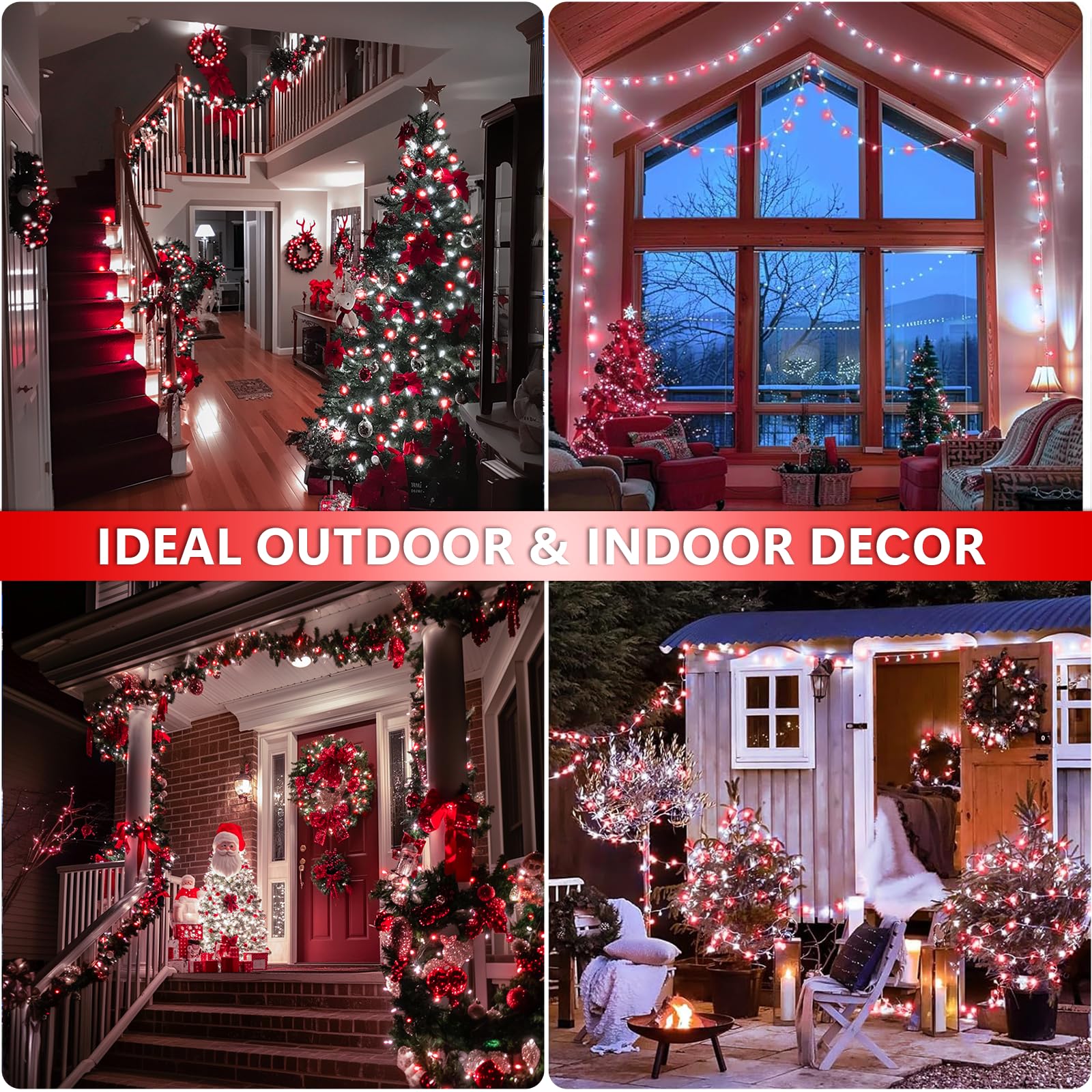 Led String Lights For Outside - 200 Red And White Christmas Lights Indoor Clear Wire, 8 Modes 66Ft Extendable Fairy Lights Plug