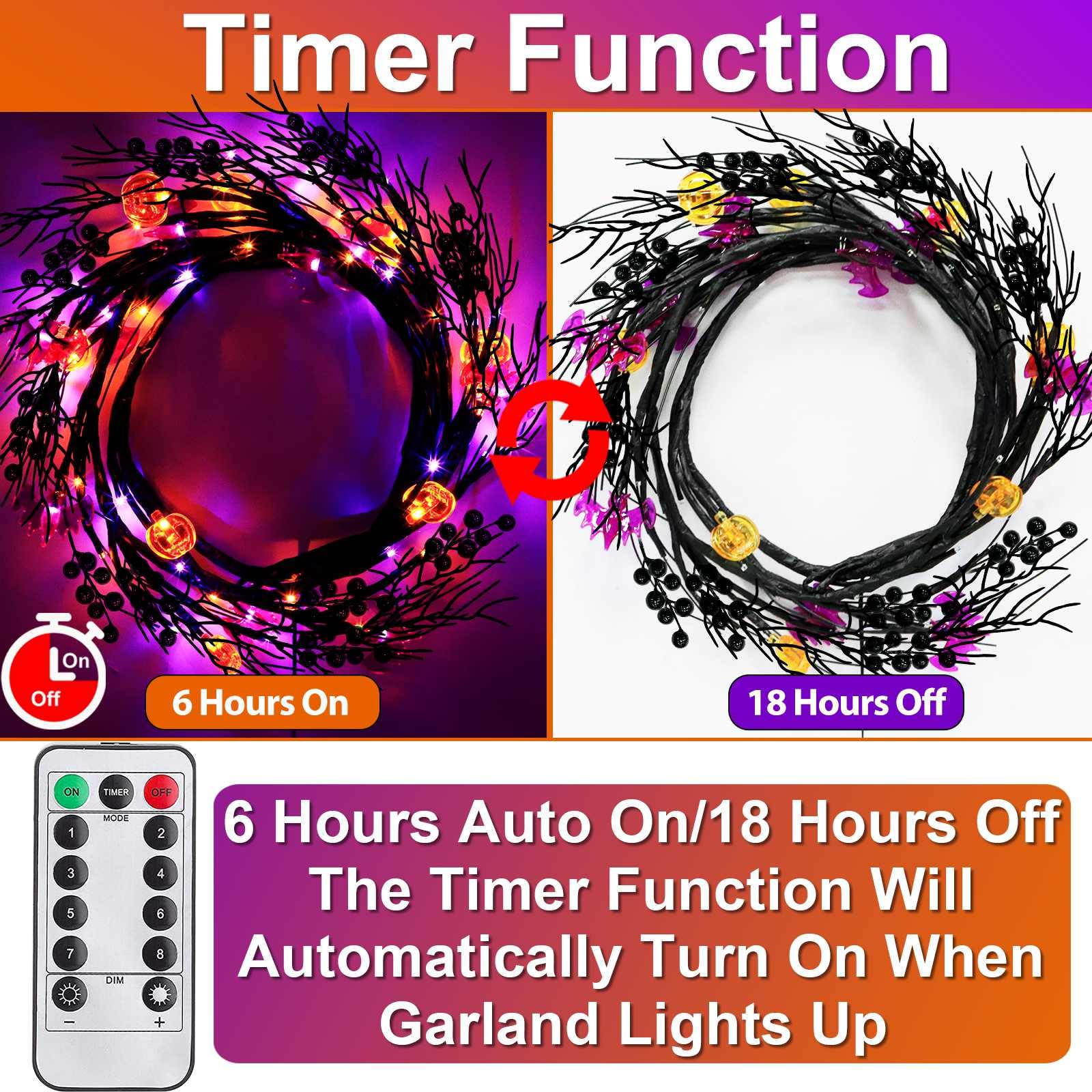 Halloween Decorations,Halloween Garland With Purple & Orange Lights 8 Modes Timer, Remote Control 6 Ft 54 Leds Halloween Artificial Willow Vine Twig Pumpkins Bats Hanging Home Wall Fireplace Indoor