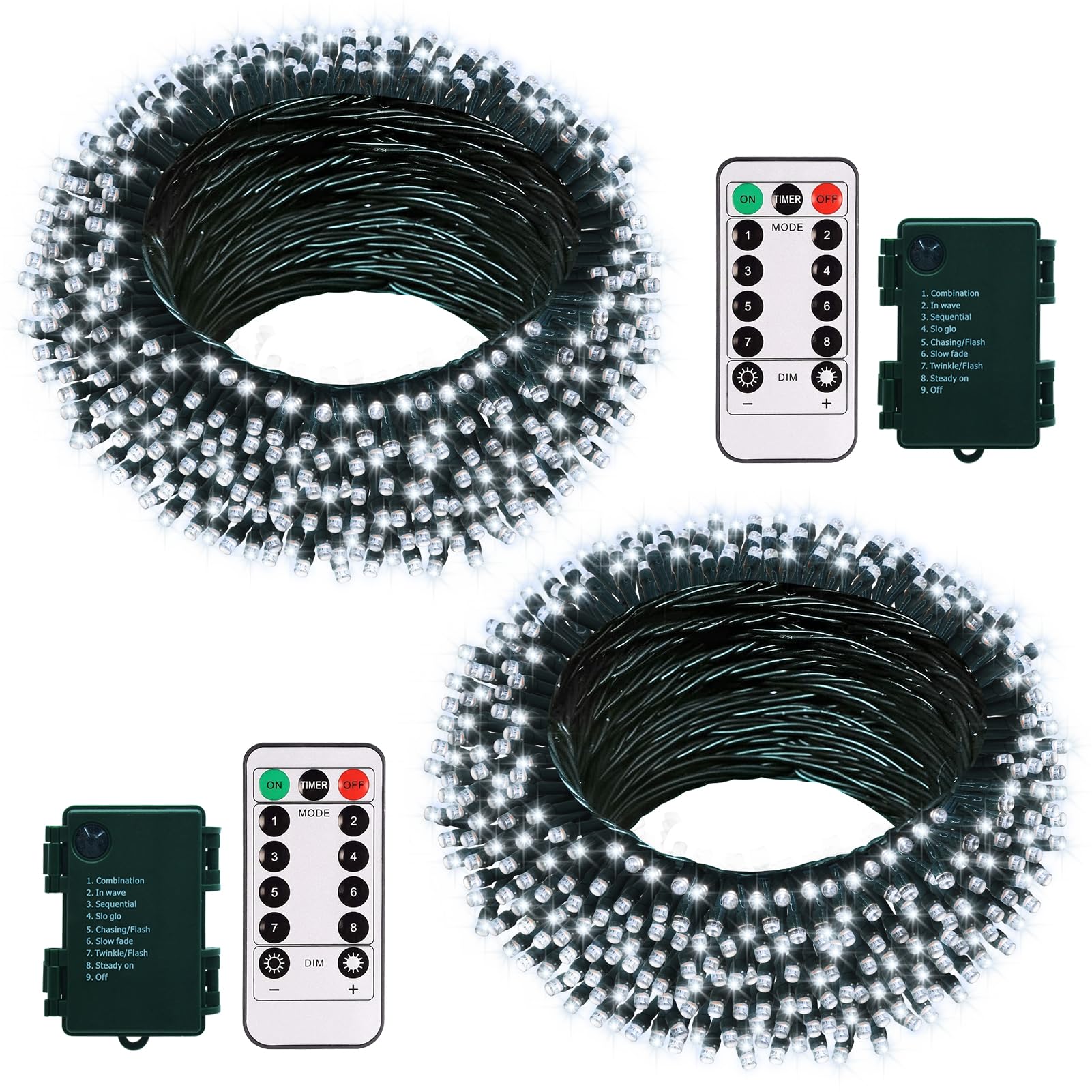 2 Pack String Lights Battery Operated, 33Ft 100 LED Christmas Fairy Lights Waterproof Green Wire Tree Lights with Remote 8 Modes Timer for Bderoom Garden Party Wedding Decoration (Cool White)