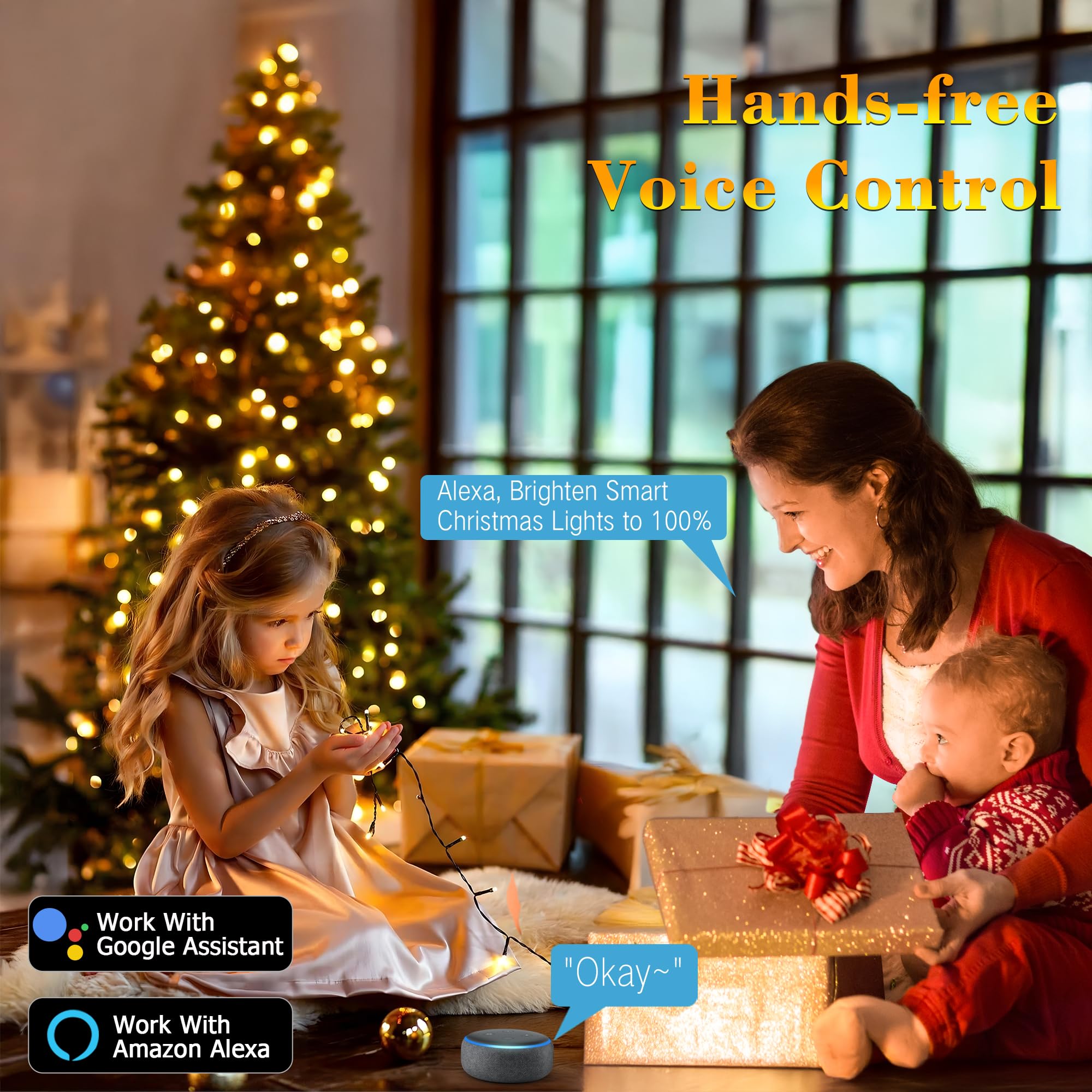 Brizled Smart Christmas Lights, 66Ft 200 Led Color Changing Christmas String Lights App & Voice Control, Dimmable Warm White & M