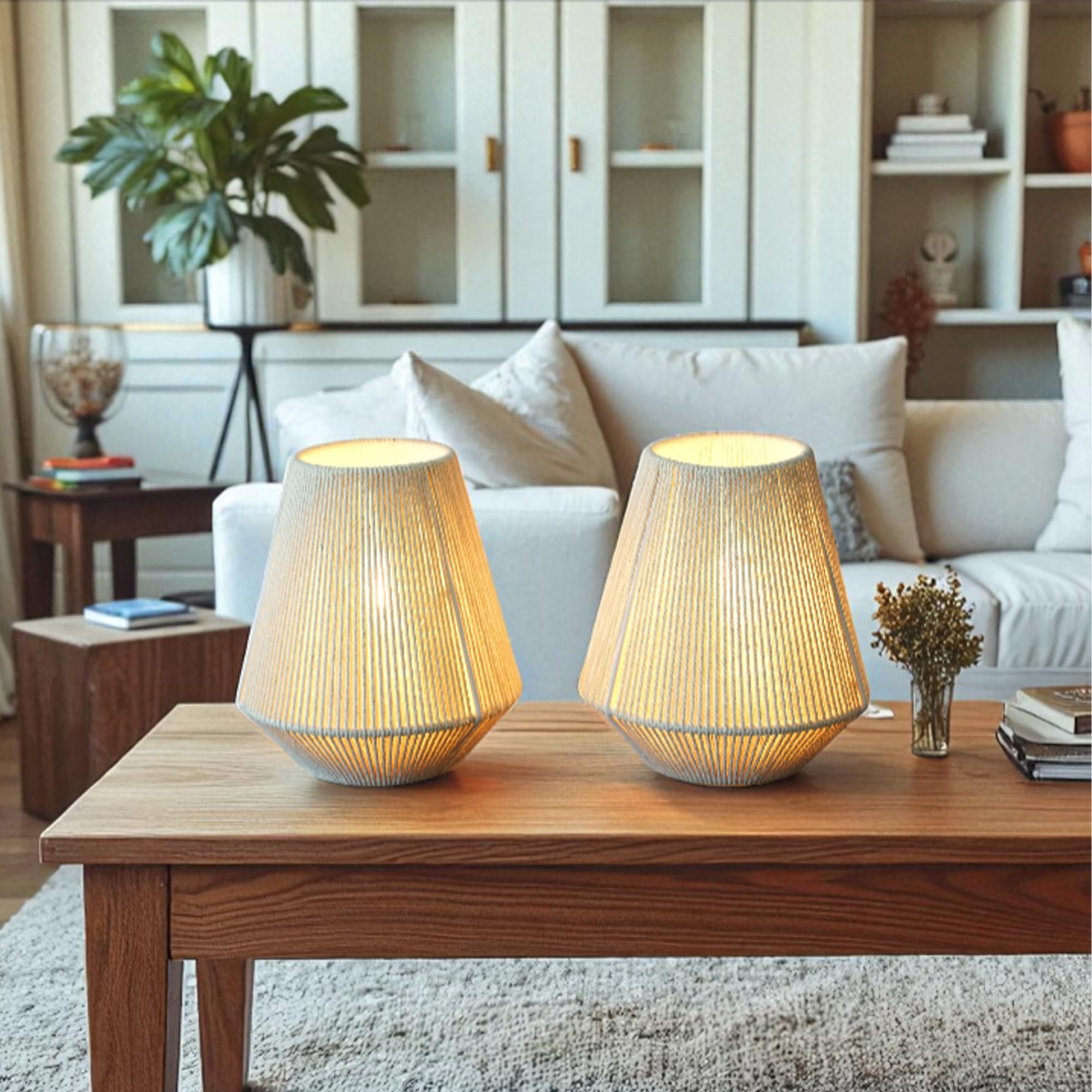 JHY DESIGN Set of 2 Woven Lampshade Table Lamps 8 H Cotton Rope Bedside Lights Cordless Decorative Battery Operated Lamps with 6