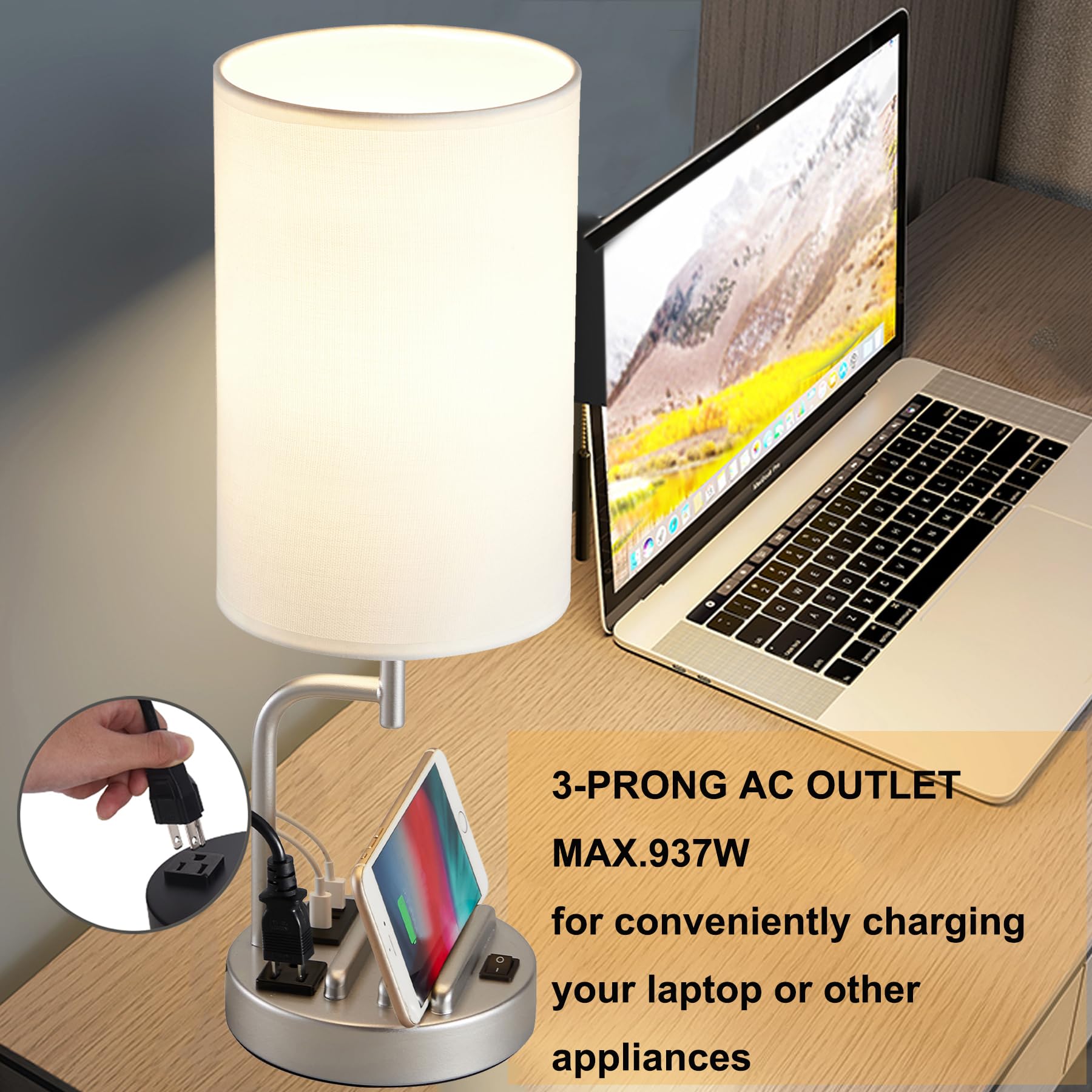 Dreamholder Table Lamp With 3 Usb Charging Ports, Modern Desk Lamp With Ac Outlet And Phone Stands, Perfect Bedside Lamp For Bed