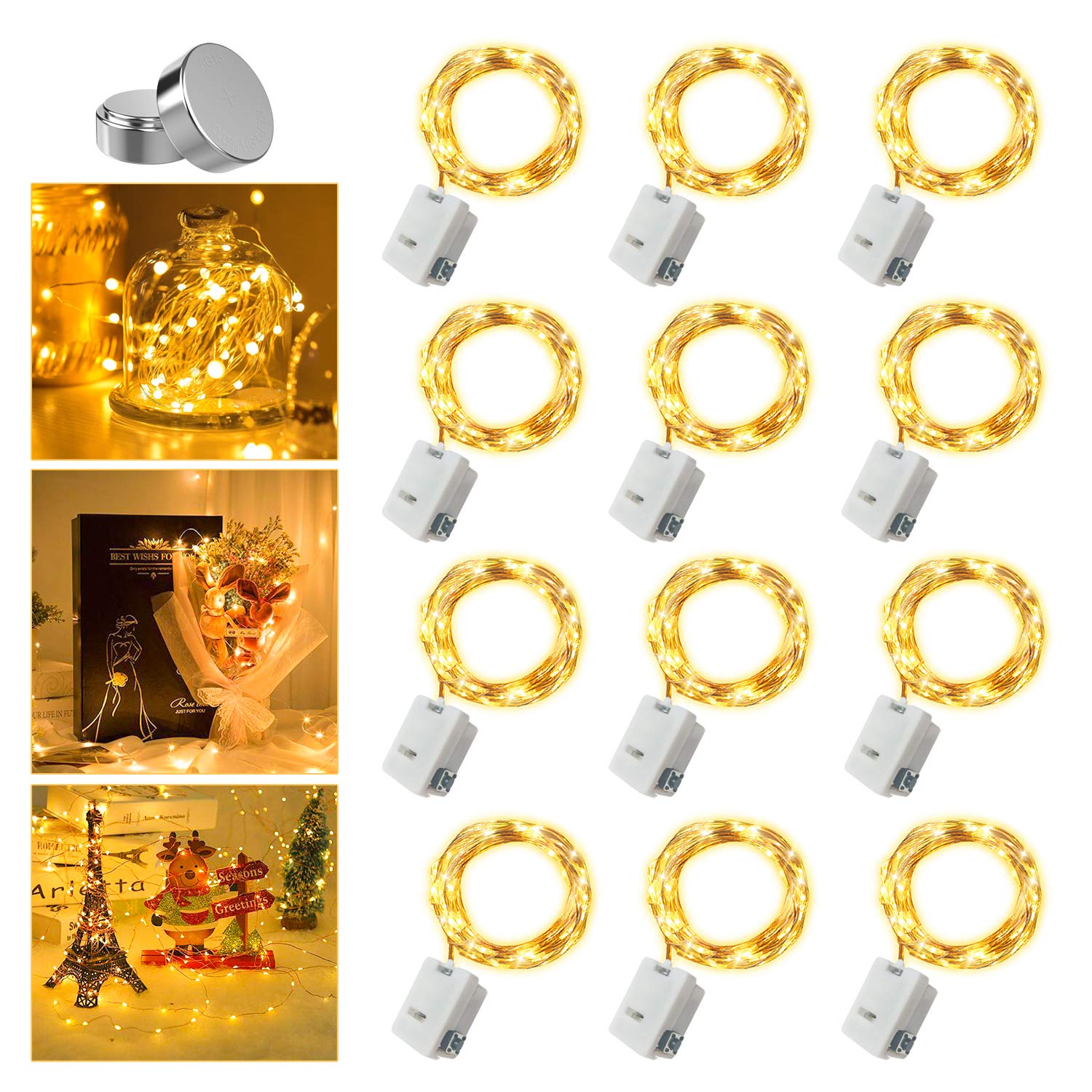 Merfino 12 Pack Fairy Lights, Warm White, Battery Operated, 20 LEDs, Waterproof, 7Ft, Model ZLDC01#