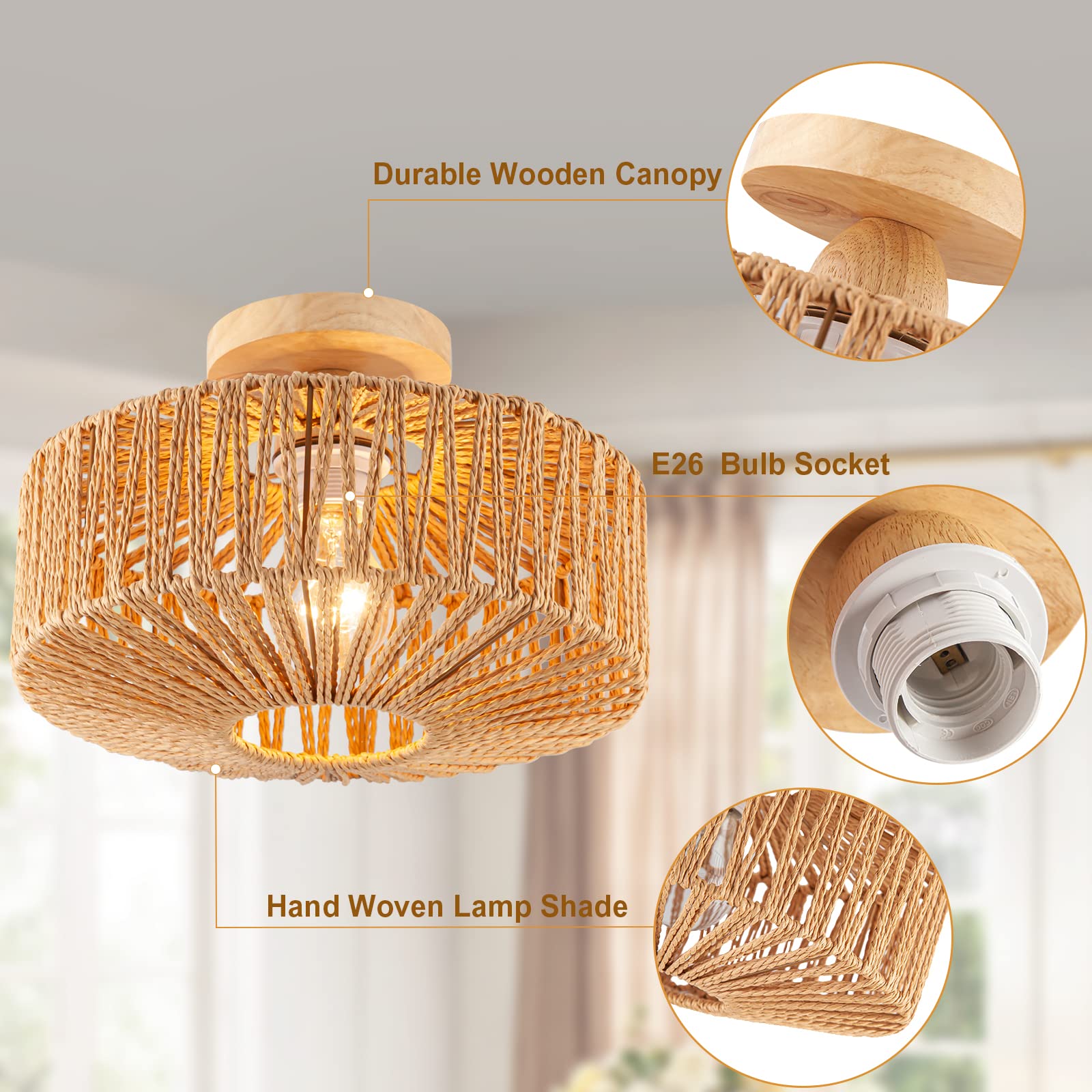 Zswanbei Boho Rattan Ceiling Light Fixture - Flush Mount Mini Chandelier, D30cm, Brown - Ideal for Bedroom, Hallway, Bathroom, Nursery