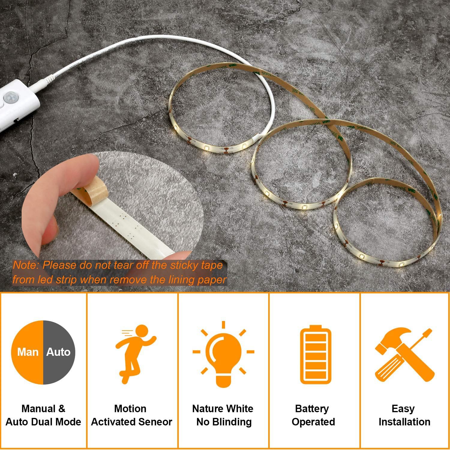 Amagle Motion Sensor Light, 3.2Ft Battery Operated Led Under Cabinet Lighting, Nature White