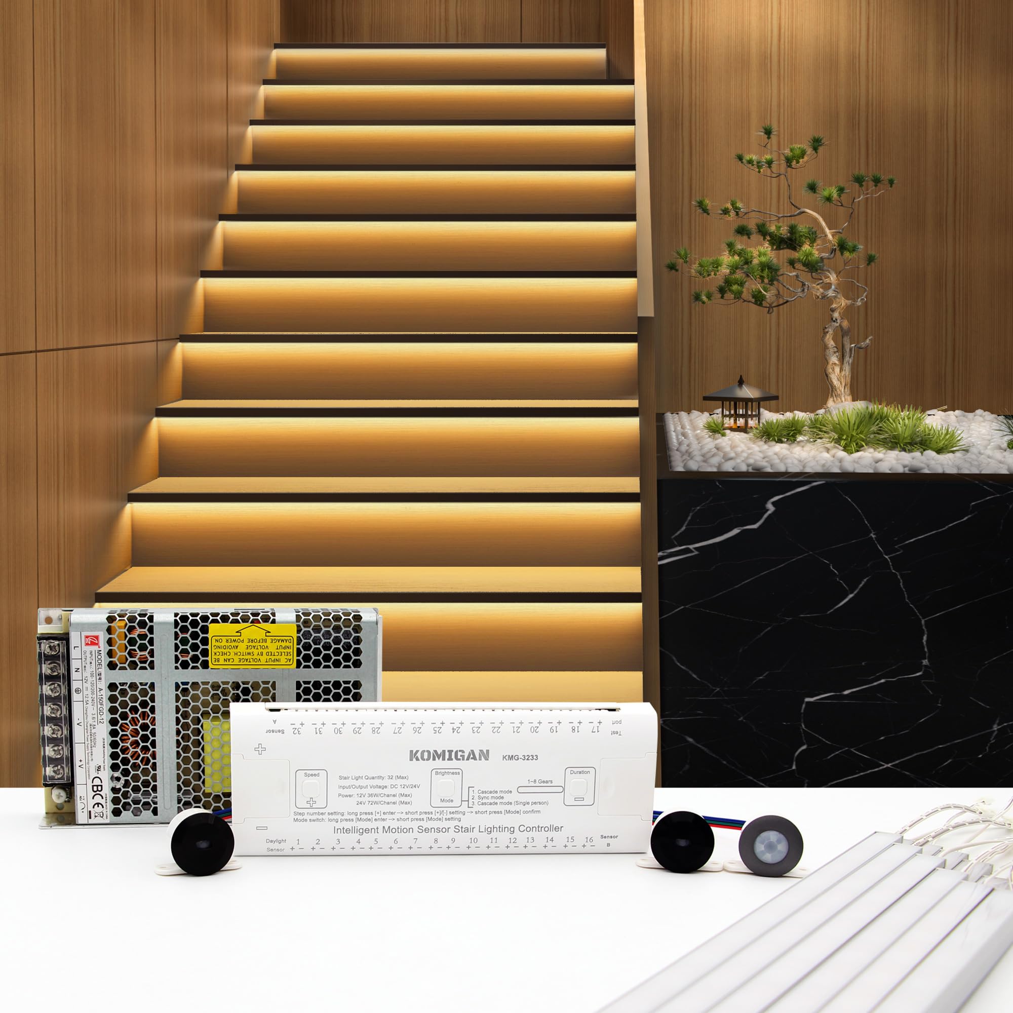 KOMIGAN Motion-Activated Cascading Effect LED Stair Lighting Kit KMG-3233, 23.6 Aluminum Light Bar for Indoor Staircases (Warm W