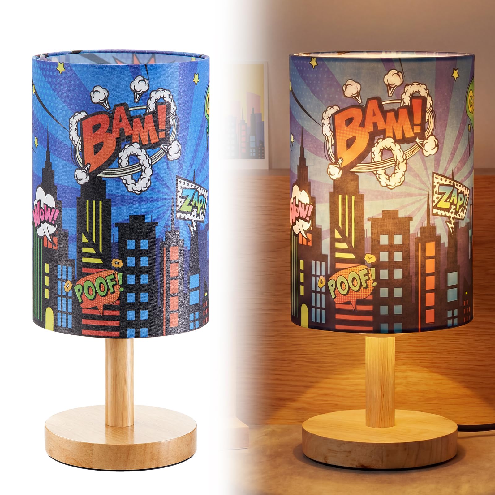 Tujoe Hero Lamp Bedside Desk for Bedroom Kids Lamp Fabric Nightstand Table Lamps Decor Bam Bang for Boys Girl Kids Reading Livin