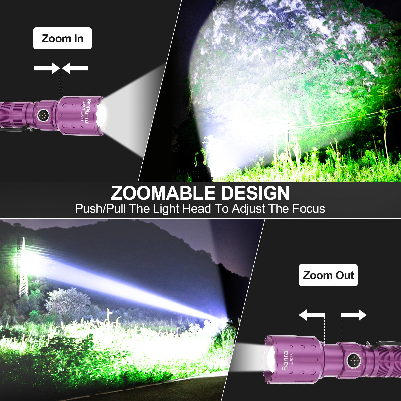 Banral Rechargeable Flashlight, 20000 Lumens, 1500m Range, 6 Modes, Waterproof, Aluminum, Purple, Model K-2316-B