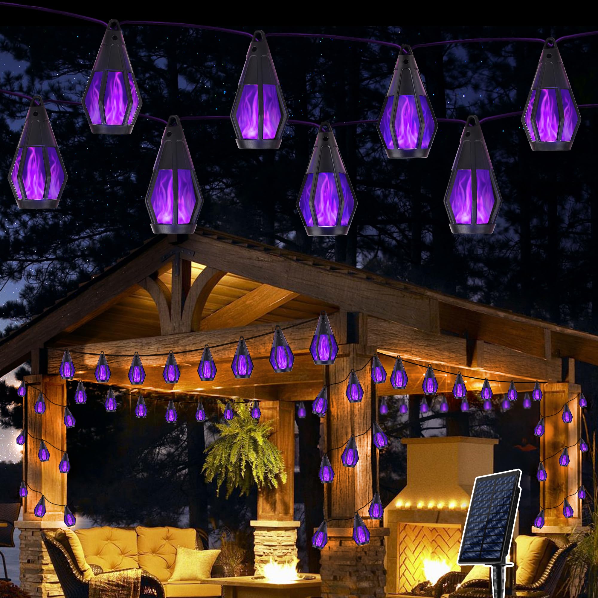 Solar String Lights for Outside, 21Ft Solar Patio Lights with 10 Flickering Flame Light Bulbs, Waterproof Purple Solar Powered O