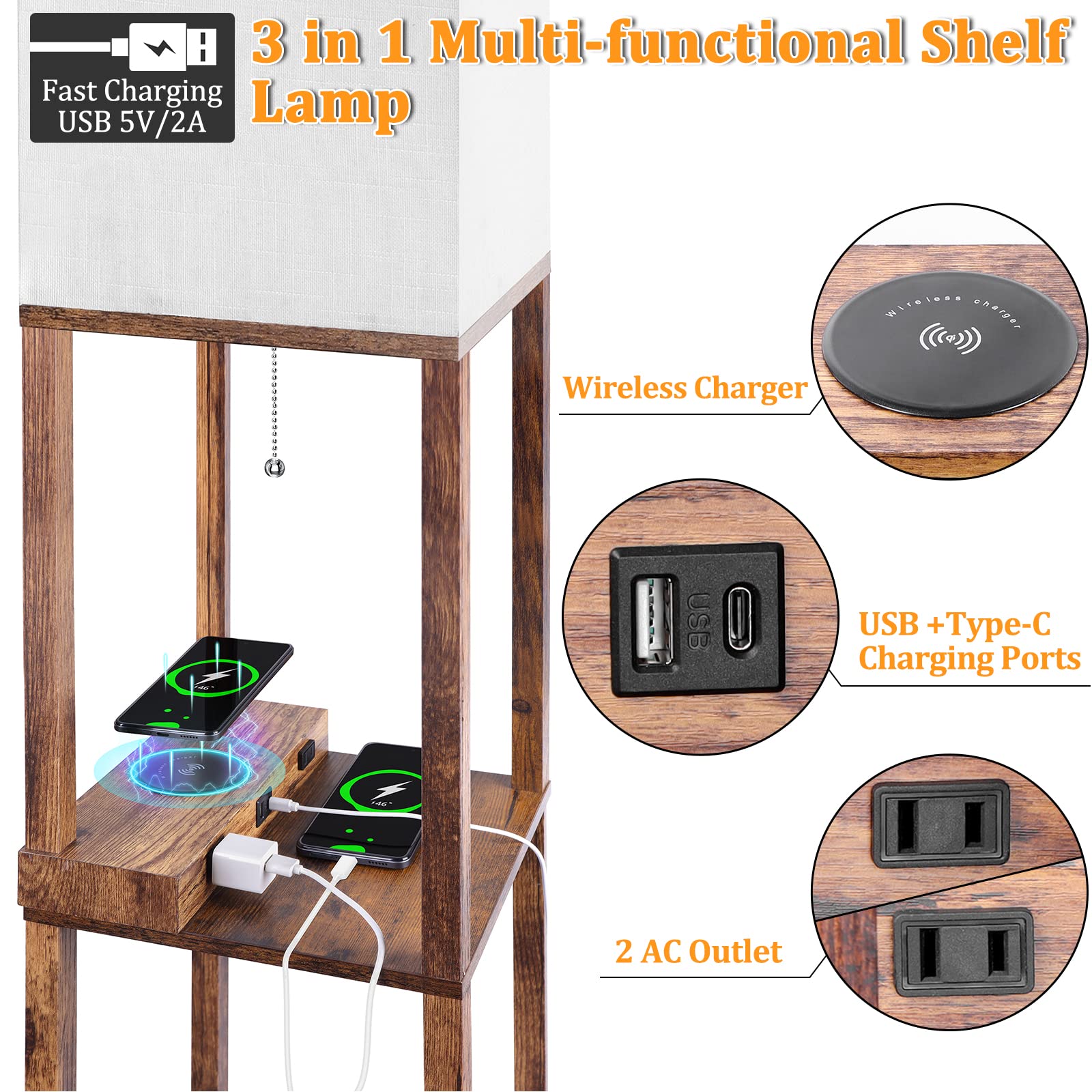 Dott Arts Floor Lamp with Shelves, Wireless Charger, USB Ports, 10.2" Wide, Brown, Model WLM1600-FLA-8W-06