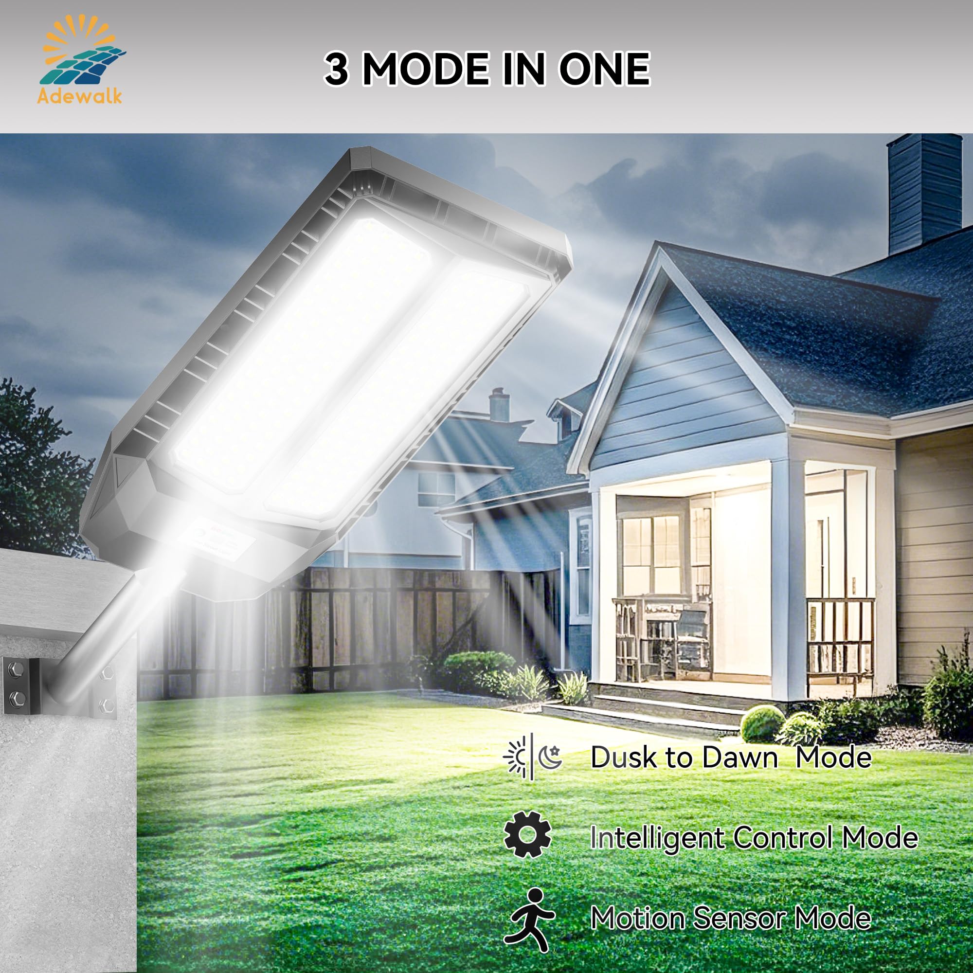 Adewalk 6000W Solar Street Light - 7000K Dusk to Dawn, Motion Sensor, Cool White, 2 Pack, LED Security Flood Light for Outdoor Use