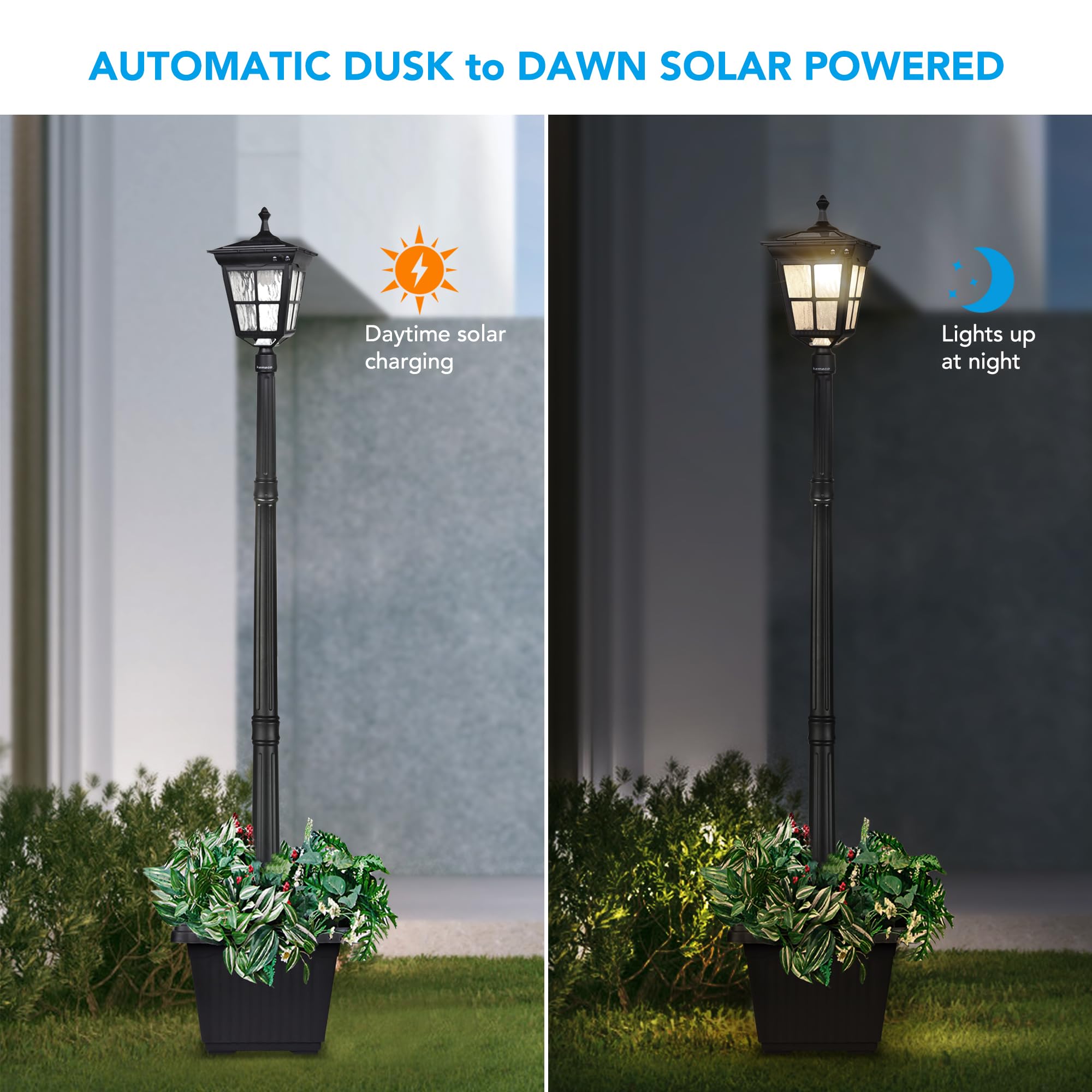 Kemeco Solar Post Light ST4311AHP - Dusk to Dawn Outdoor Lamp with Planter, Black, for Lawn, Garden, Patio, Deck, Walkway Decor