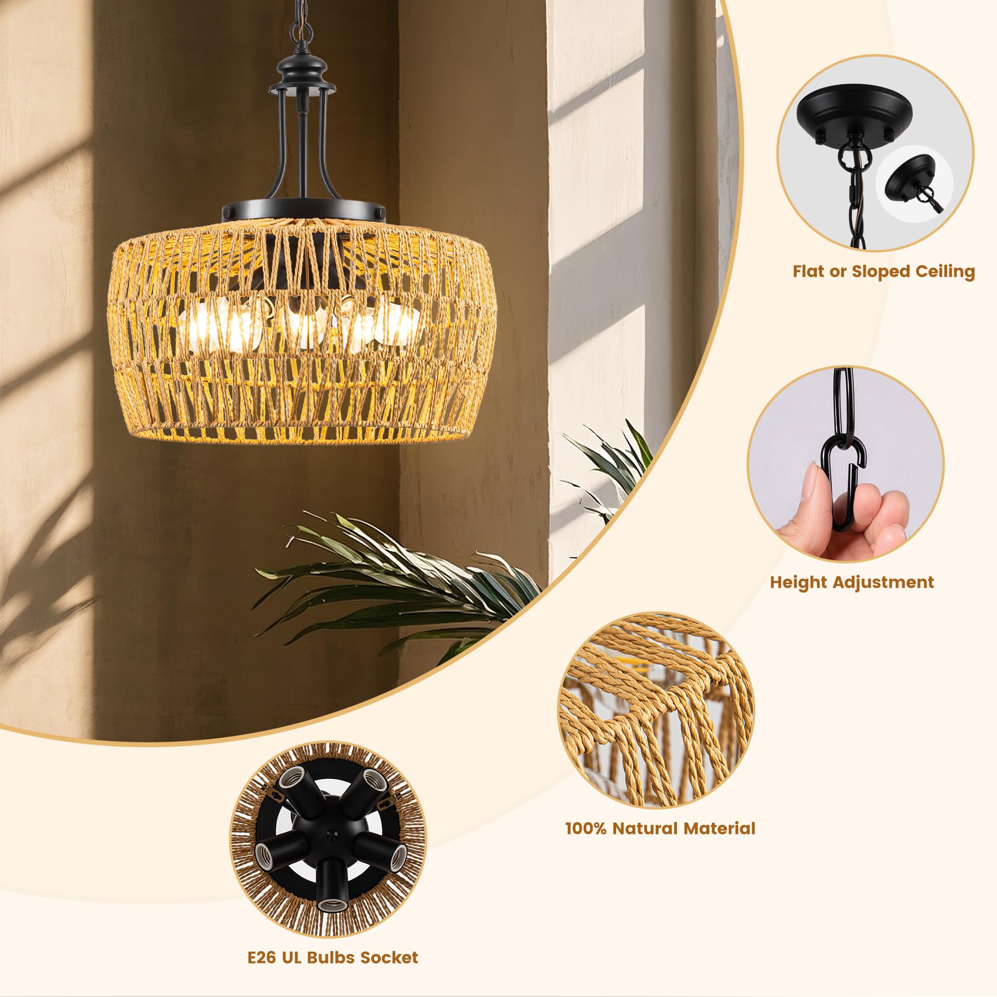 Leip 18.1'' Boho Rattan Chandelier - 5-Light Handwoven Farmhouse Pendant Light For Kitchen Island, Dining Room, Living Room - Ad
