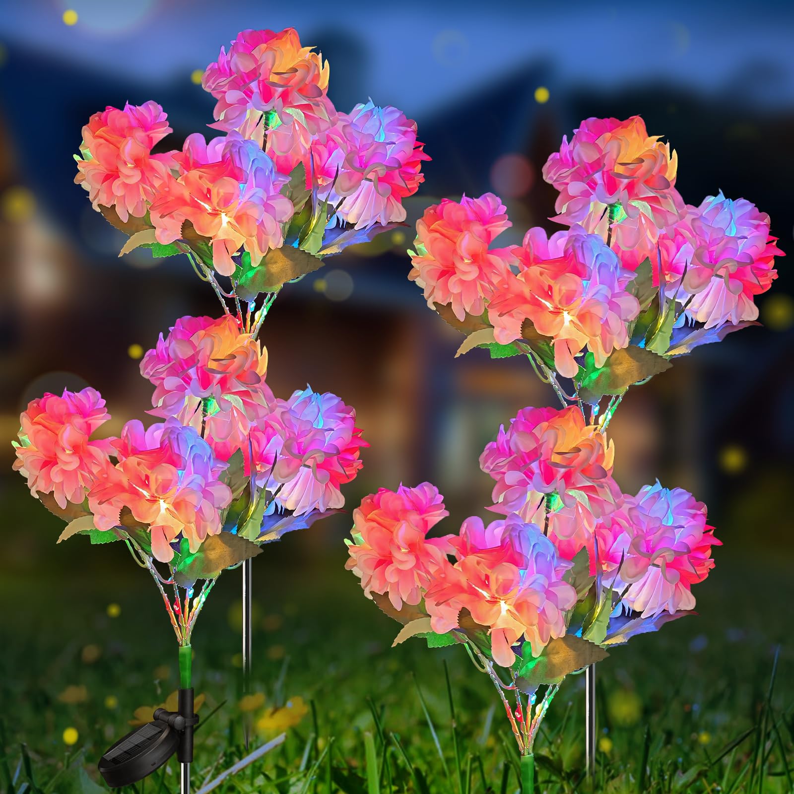 Neporal Solar Flowers - 5-Head Hydrangea Lights, 4-Color, 2 Lighting Modes, Waterproof IP65, 4 Packs, Plastic