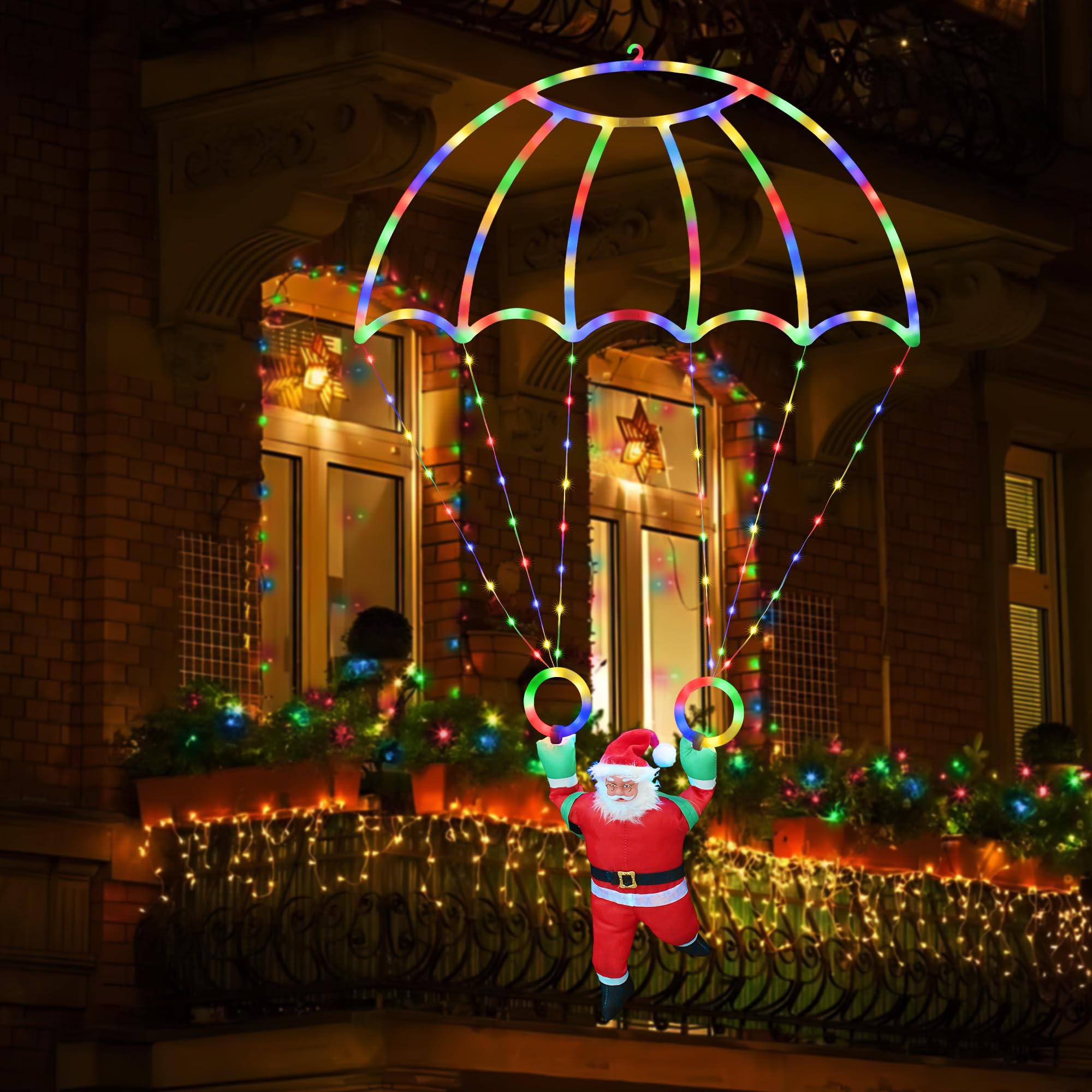 Toodour Christmas Decorations Outdoor, 2.8FT Christmas Parachute Lights with Santa Claus, Waterproof 8 Modes Hanging Multicolor 