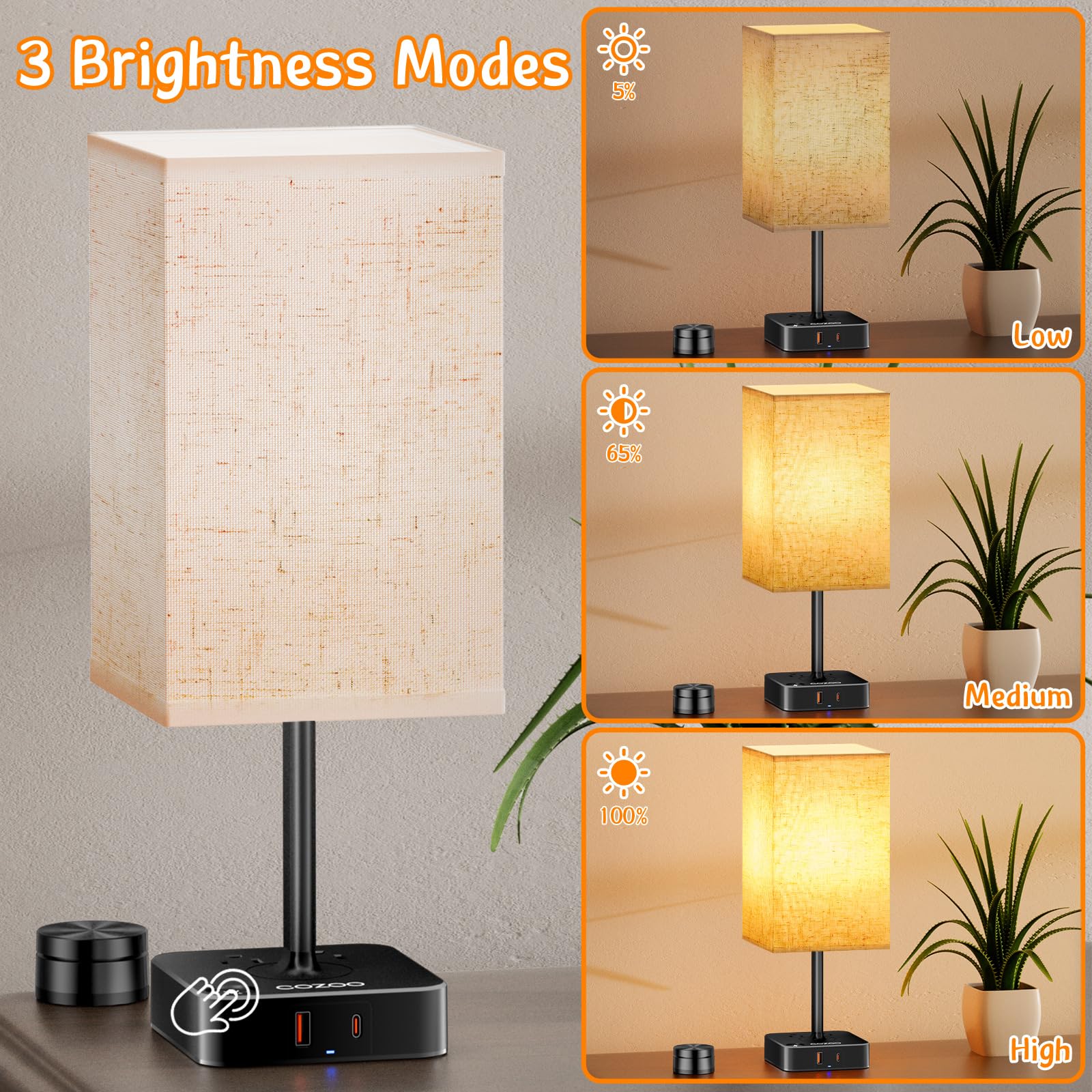 Bedroom Table Lamp With Remote Operation Control,Dimmable Bedside Table Desk Lamps With Usb C+A Charging Ports 2 Ac Outlets,Nigh