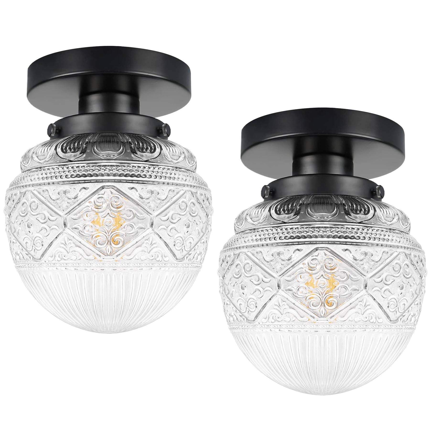 APOTO 2 Pack Semi Flush Mount Ceiling Light Fixture Black,Small Hallway Light Fixtures Ceiling,Vintage Globe Glass Close to Ceil
