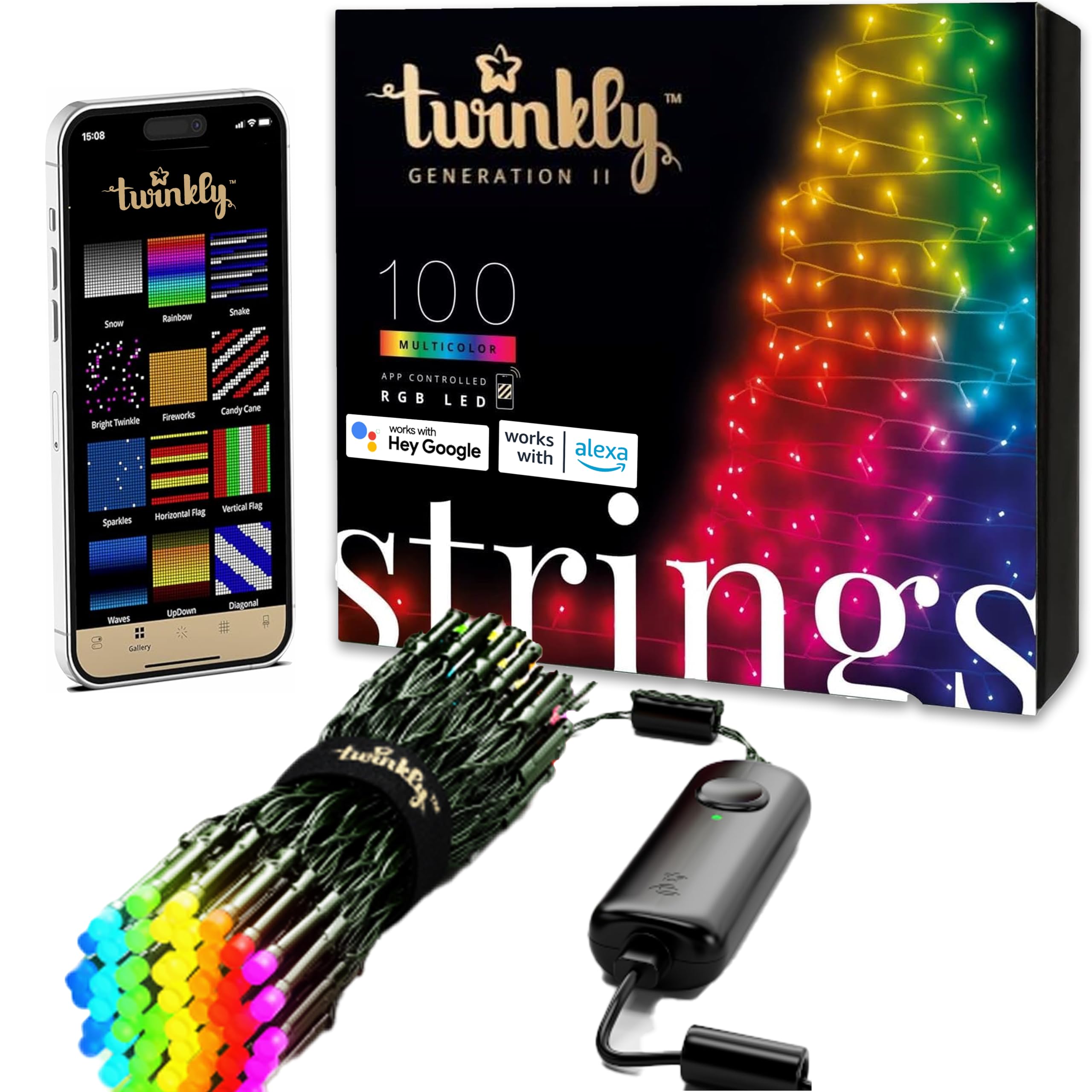Twinkly Strings - App-Controlled Led Christmas Lights With 100 Rgb (16 Million Colors) Leds. 26.2 Feet. Green Wire. Smart Lighti